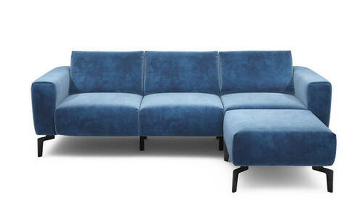 Dreisitzer inkl. Hocker in Samt Blau  - Blau/Schwarz, Design, Textil/Metall (250/86/86-94cm) - SENSOO