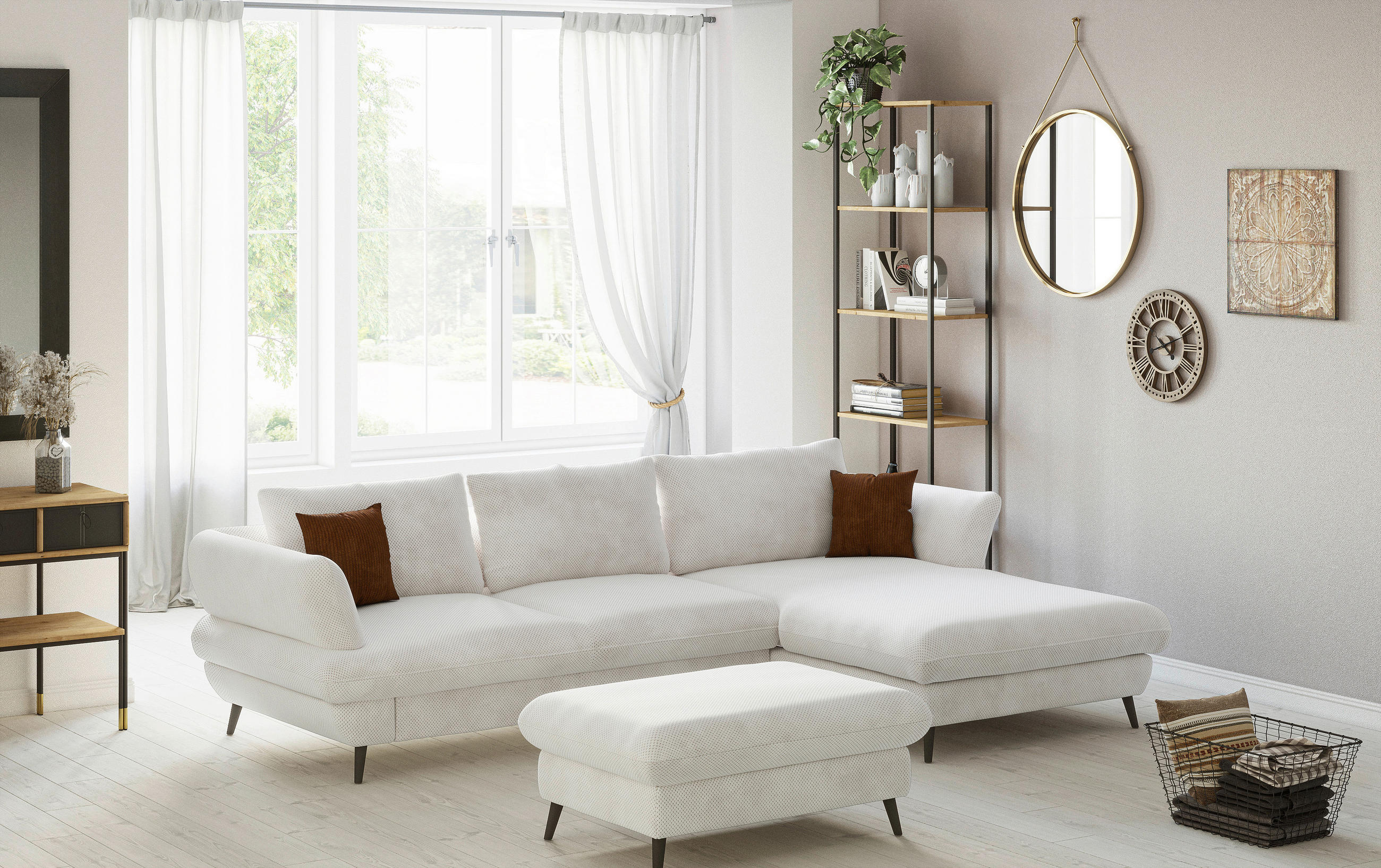 ECKSOFA in Velours Creme  - Creme/Schwarz, Design, Textil/Metall (281/181cm) - Livetastic