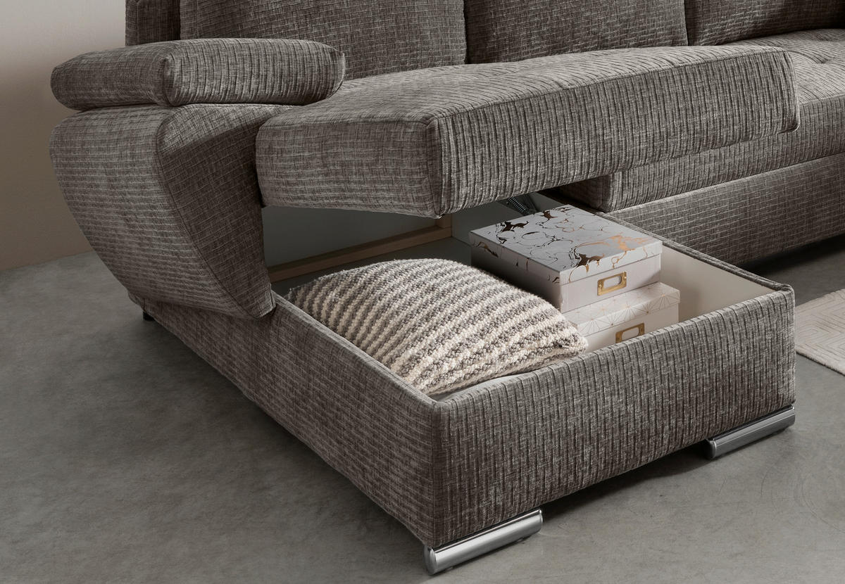 WOHNLANDSCHAFT Graubraun Mikrofaser  - Chromfarben/Graubraun, KONVENTIONELL, Textil/Metall (157/305/219cm) - Livetastic