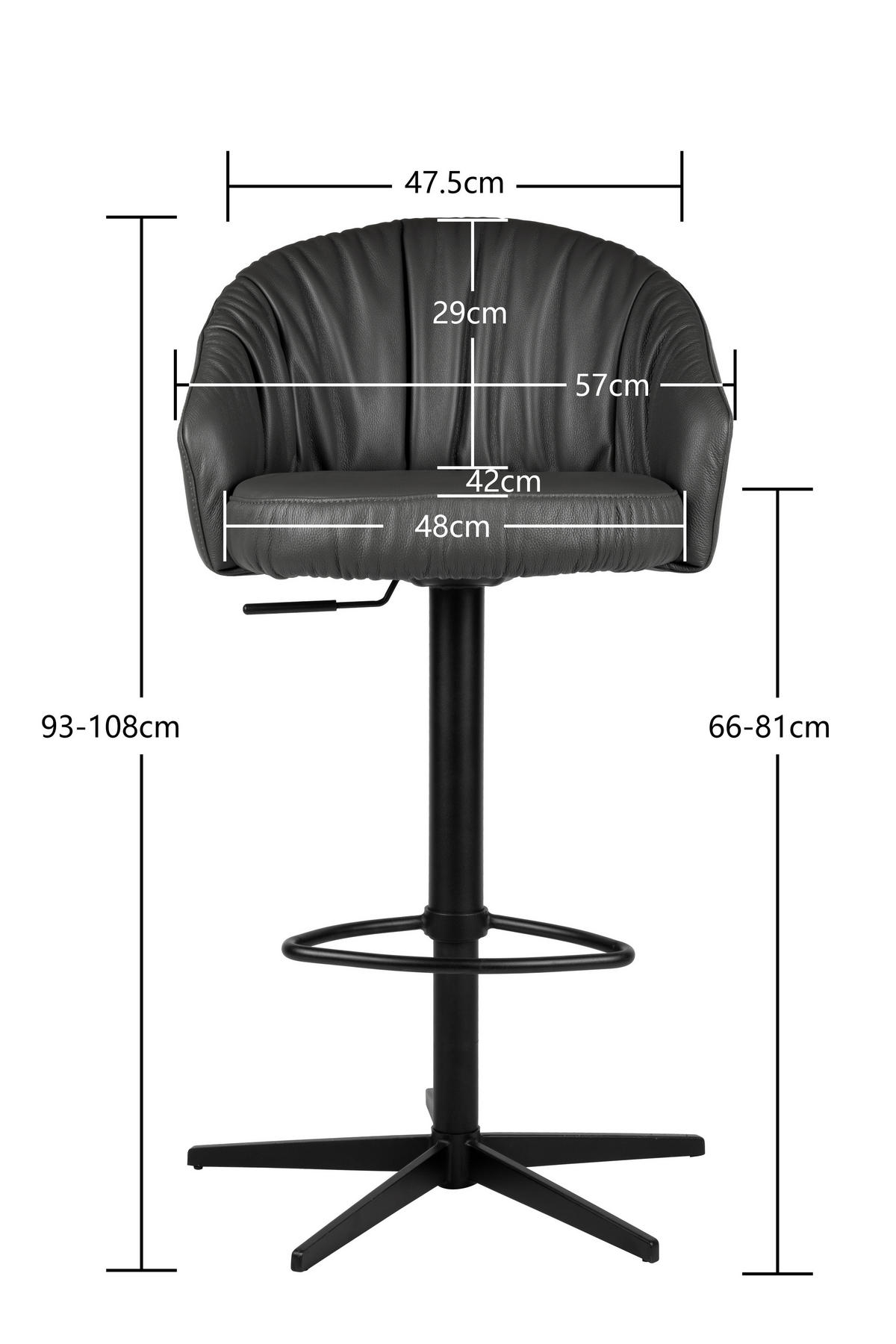 BARHOCKER Echtleder Anthrazit, Schwarz Eisen Sitzfläche 360° drehbar, inklusive Armlehnen, automatische Rückholfunktion  - Anthrazit/Schwarz, Design, Leder/Metall (57/96,5-114/58,5cm) - Dieter Knoll