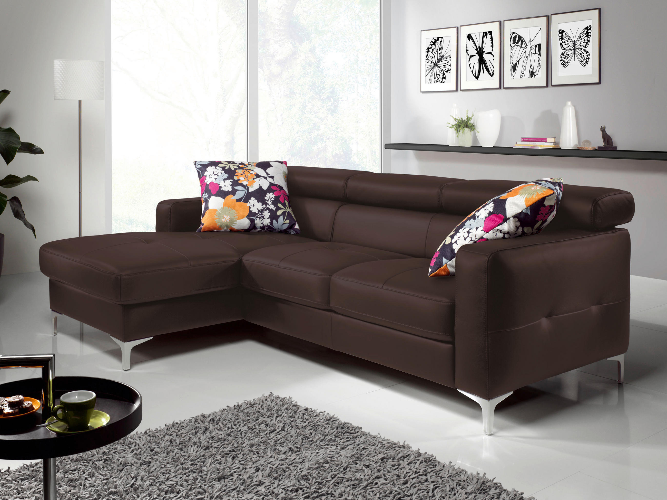 ECKSOFA in Echtleder Dunkelbraun  168/227 cm  - Chromfarben/Dunkelbraun, Design, Leder/Metall (168/227cm) - Livetastic