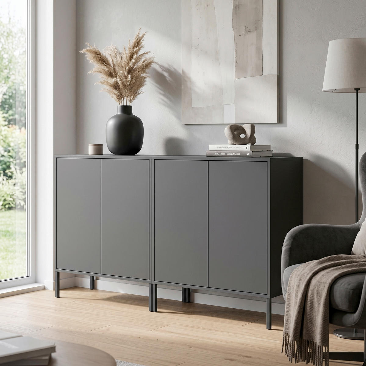 SIDEBOARD Mailand Set 2 + MF 158/86/33 cm  - Anthrazit, MODERN, Holzwerkstoff/Metall (158/86/33cm) - MID.YOU