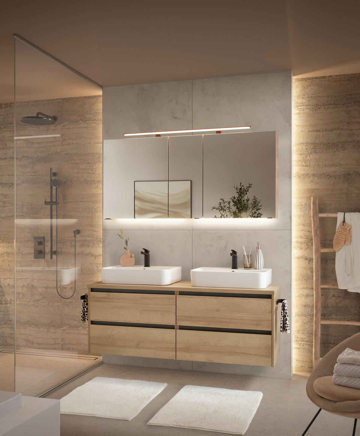 BADEZIMMER 4-teilig  in 152 cm  - Eichefarben/Weiß, Design, Glas/Keramik (152cm) - Musterring