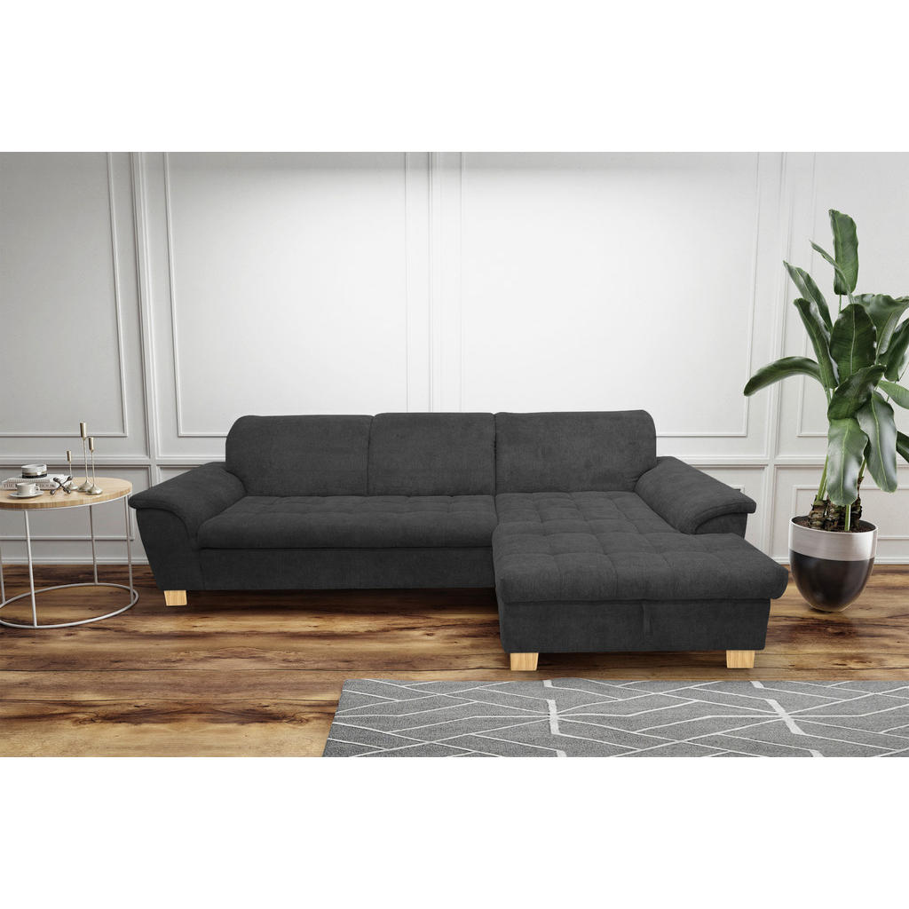 Thumbnail - Mid.you Ecksofa, Dunkelgrau, Textil, Eiche, Uni, 3-Sitzer, Ottomane rechts, L-Form, 279x162 cm, Made in EU, FSC Mix, Rüc...