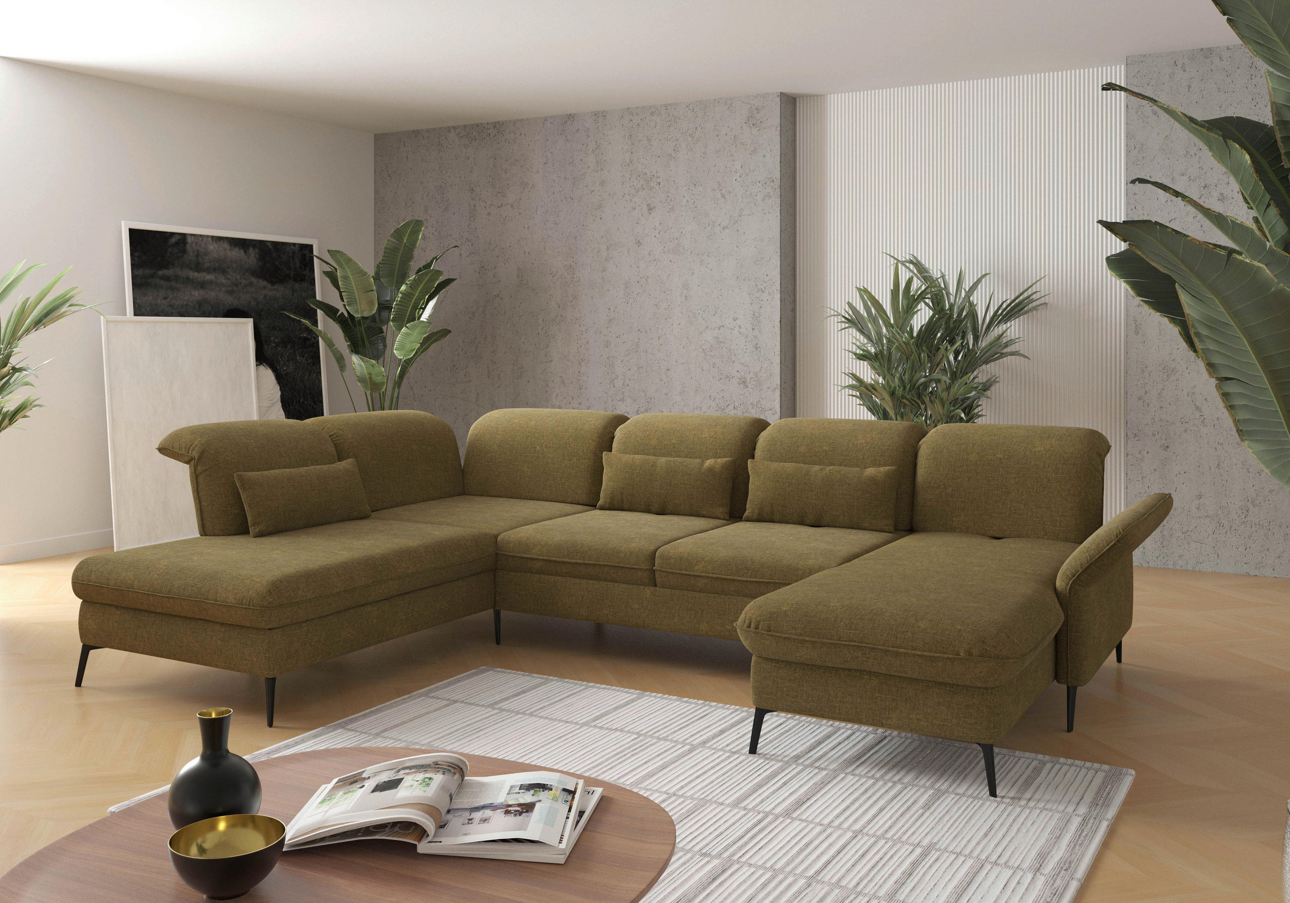 WOHNLANDSCHAFT in Flachgewebe Olivgrün  - Schwarz/Olivgrün, KONVENTIONELL, Textil/Metall (231/359/198cm) - Sit & More