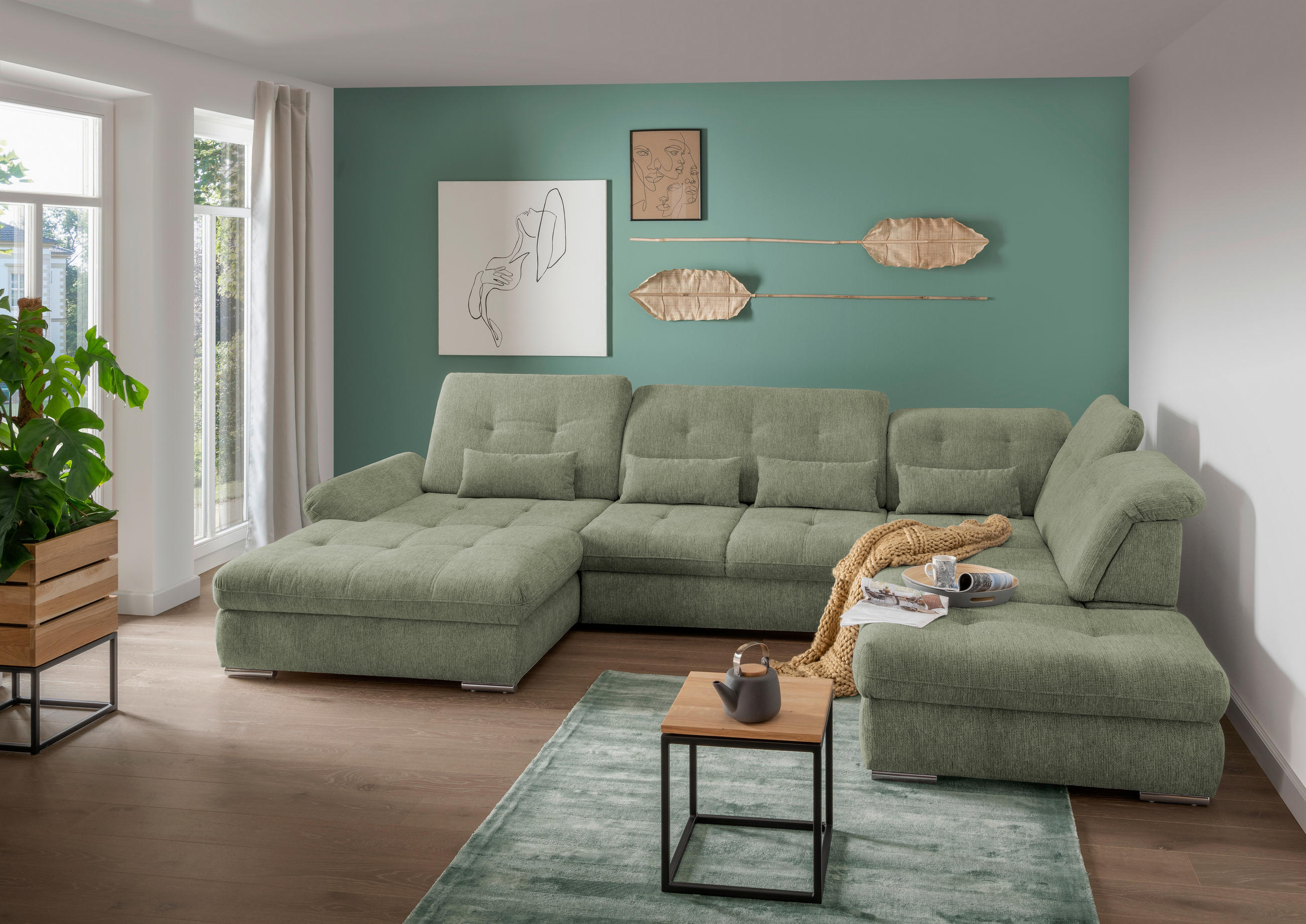 WOHNLANDSCHAFT Grün Chenille  - Chromfarben/Grün, Design, Textil/Metall (195/376/254cm) - Livetastic