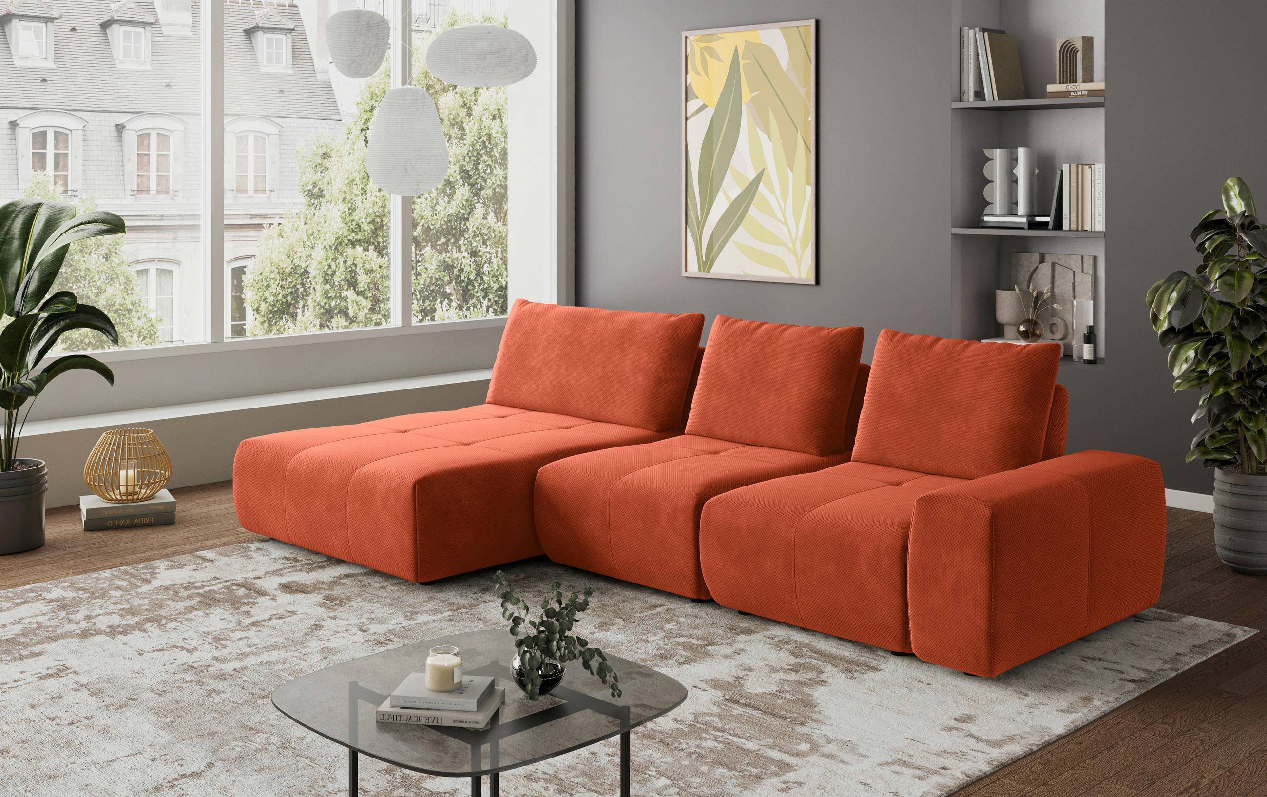 ECKSOFA in Velours Terracotta  - Terracotta/Schwarz, Design, Kunststoff/Textil (174/347cm) - Xora