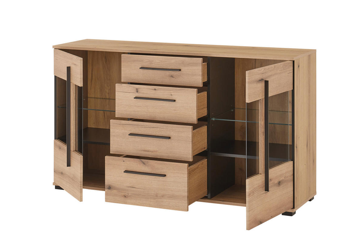 SIDEBOARD  150/86/42 cm 4 Schublade(n)  - Eichefarben/Schwarz, Design, Glas/Holzwerkstoff (150/86/42cm) - Livetastic