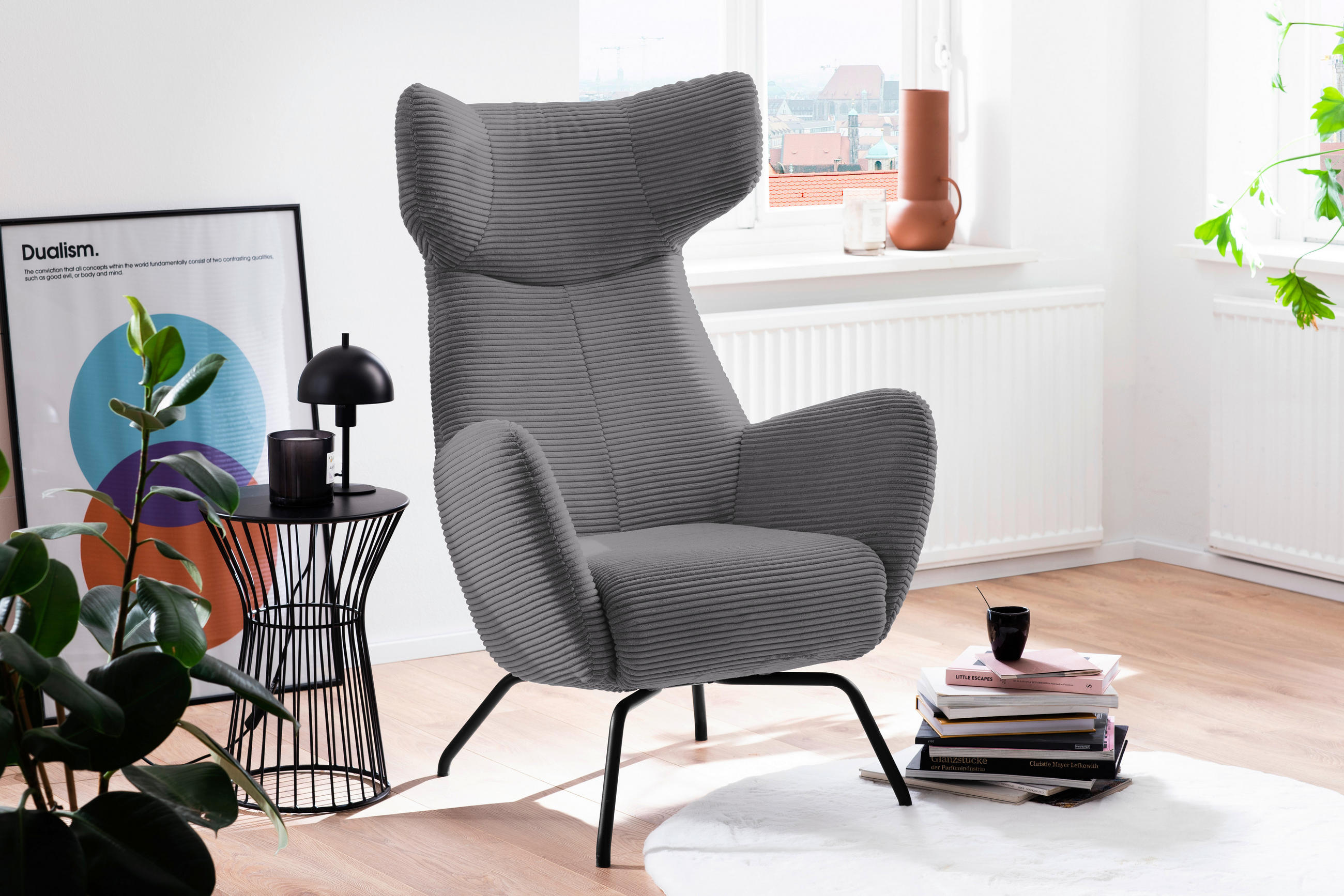 OHRENSESSEL in Cord Dunkelgrau  - Dunkelgrau/Schwarz, Design, Textil/Metall (79/117/82cm) - Lomoco