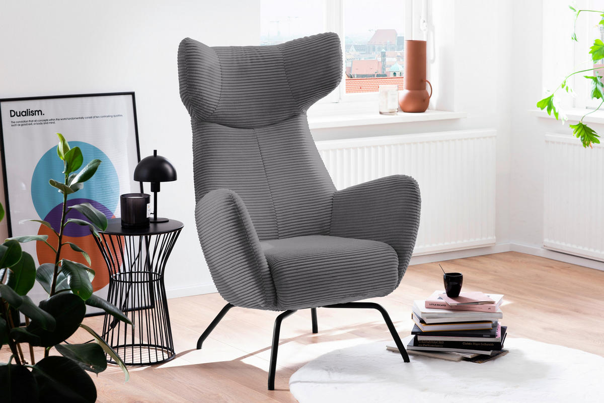OHRENSESSEL in Cord Dunkelgrau  - Dunkelgrau/Schwarz, Design, Textil/Metall (79/117/82cm) - Lomoco