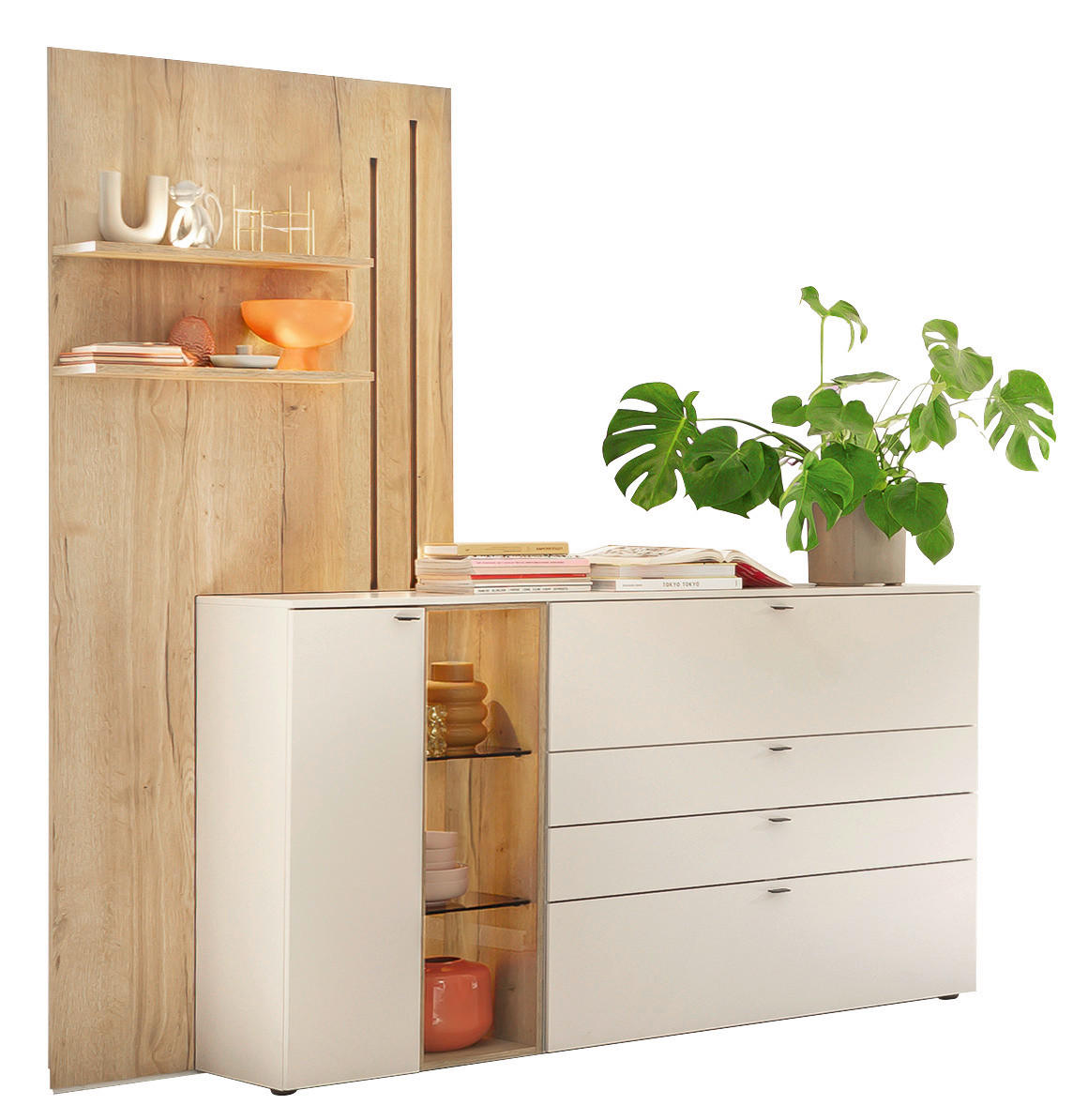 SIDEBOARD Weiss, Eichefarben  210/224/43 cm  - Weiss/Eichefarben, Design, Glas/Holz (210/224/43cm) - Venjakob