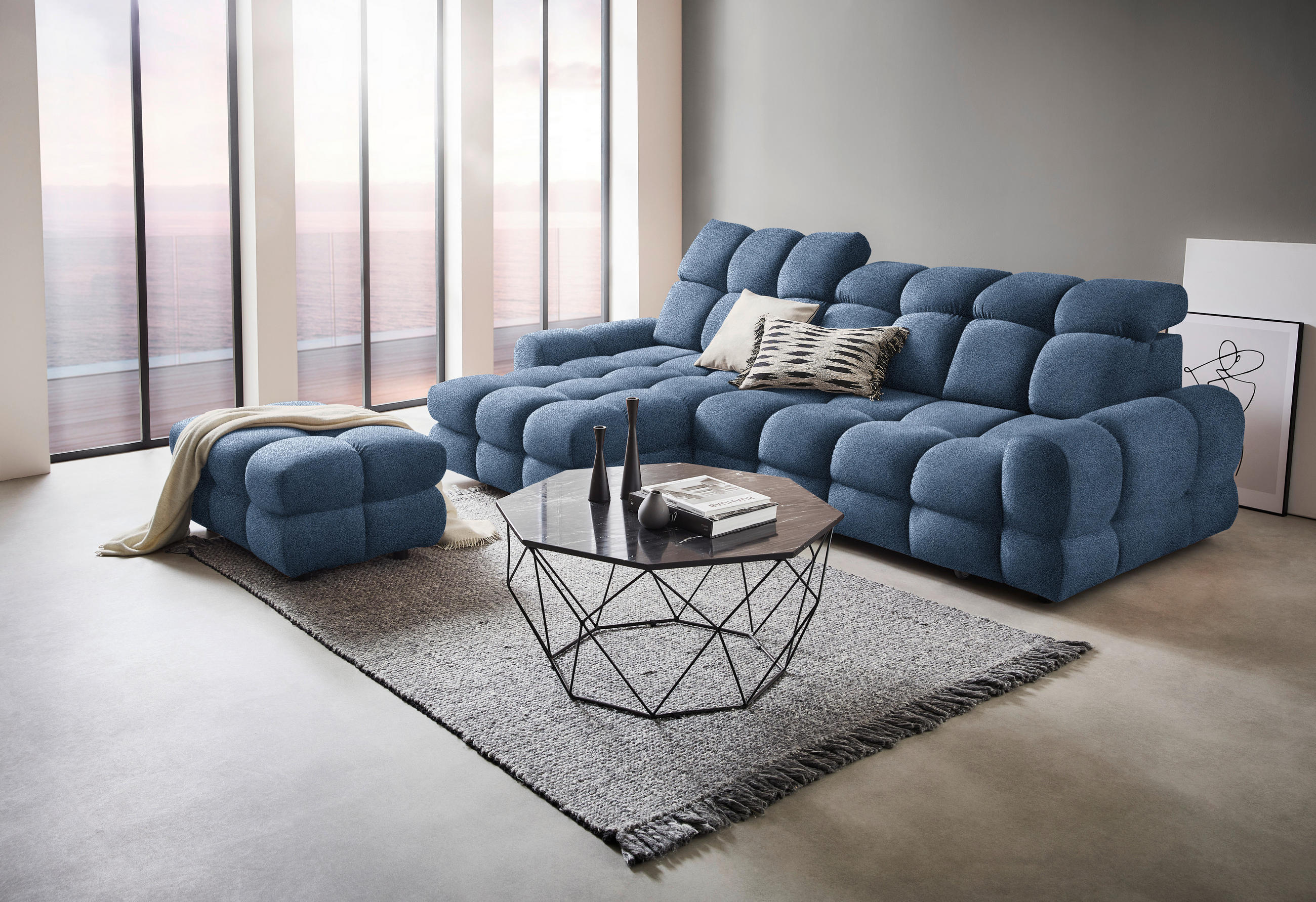 HÖRNSOFFA i velour blå  - blå/svart, Design, textil/plast (178/283cm) - Welnova