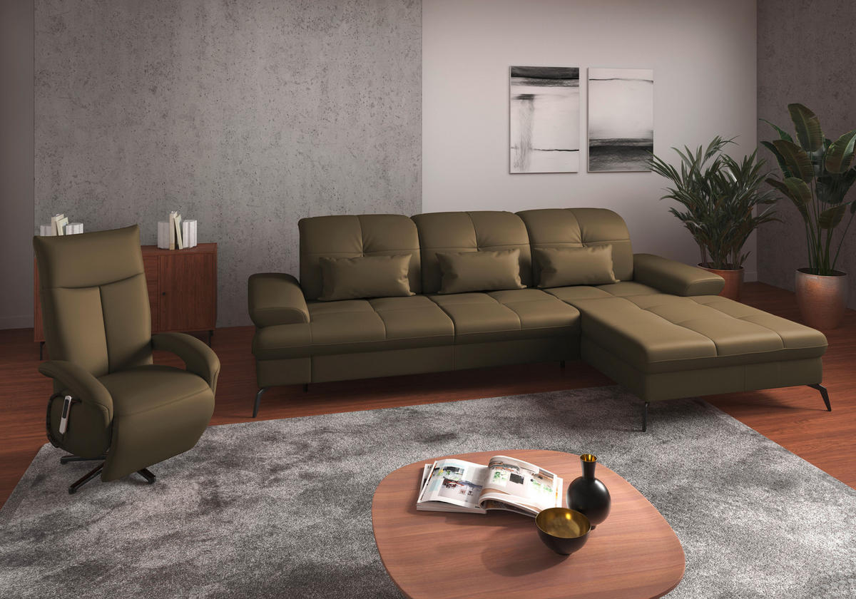 Sit & More ECKSOFA Olivgrün Echtleder, links davon: Hochflorteppich, Polstersessel in grün, rechts davon: Couchtisch, Lektüre in weiß in dunklem Wohnzimmer.