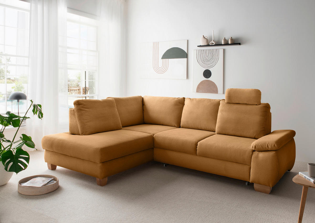 ECKSCHLAFSOFA  mit Liegefunktion, Rücken echt, Armteil rechts Cord Goldfarben  - Wildeiche/Goldfarben, MODERN, Holz/Textil (206/261cm) - Livetastic