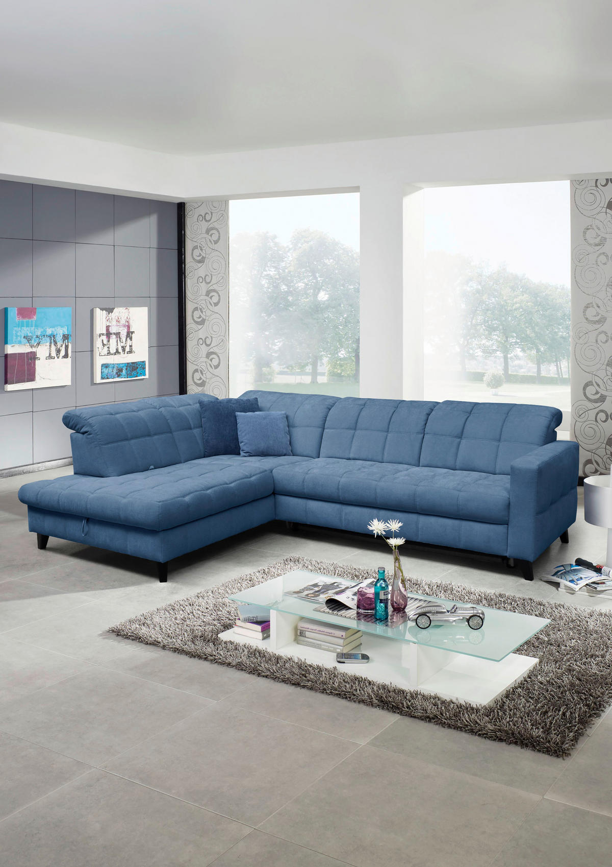 SEDEŽNA GARNITURA, tkanina modra  - modra/črna, Design, tekstil/les (216/297cm) - Xora