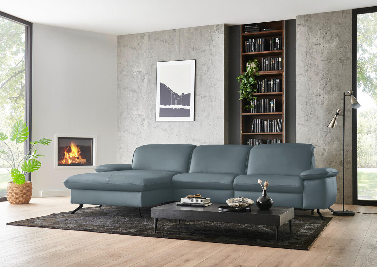 ECKSOFA  Echtleder Blaugrau  - Blaugrau/Schwarz, Design, Leder/Metall (169/307cm) - Beldomo Premium