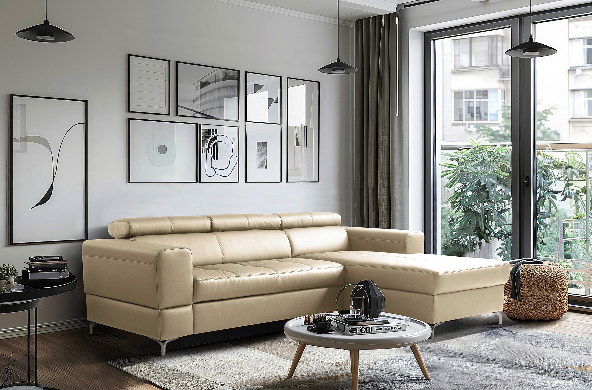 ECKSOFA Hellgrau Echtleder Lederlook Bettkasten, Schlaffunktion, Rücken echt, Kopfteilverstellung  - Hellgrau/Schwarz, Design, Leder/Textil (247/173cm) - Livetastic