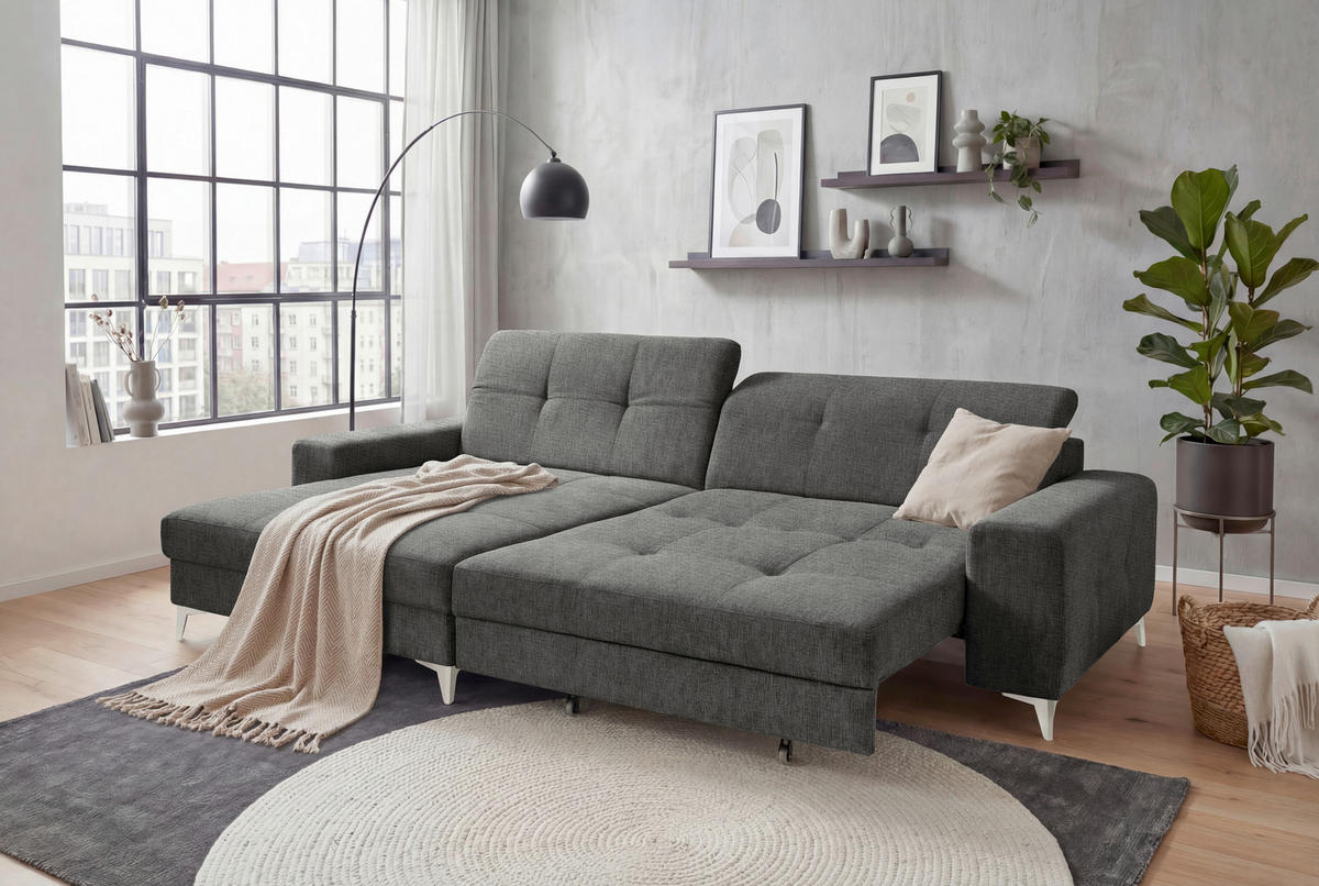 ECKSOFA SORELLA Graphitfarben Chenille Kopfteilverstellung, Sitztiefenverstellung  - Kaschmir/Graphitfarben, Design, Kunststoff/Textil (182/328cm) - MID.YOU