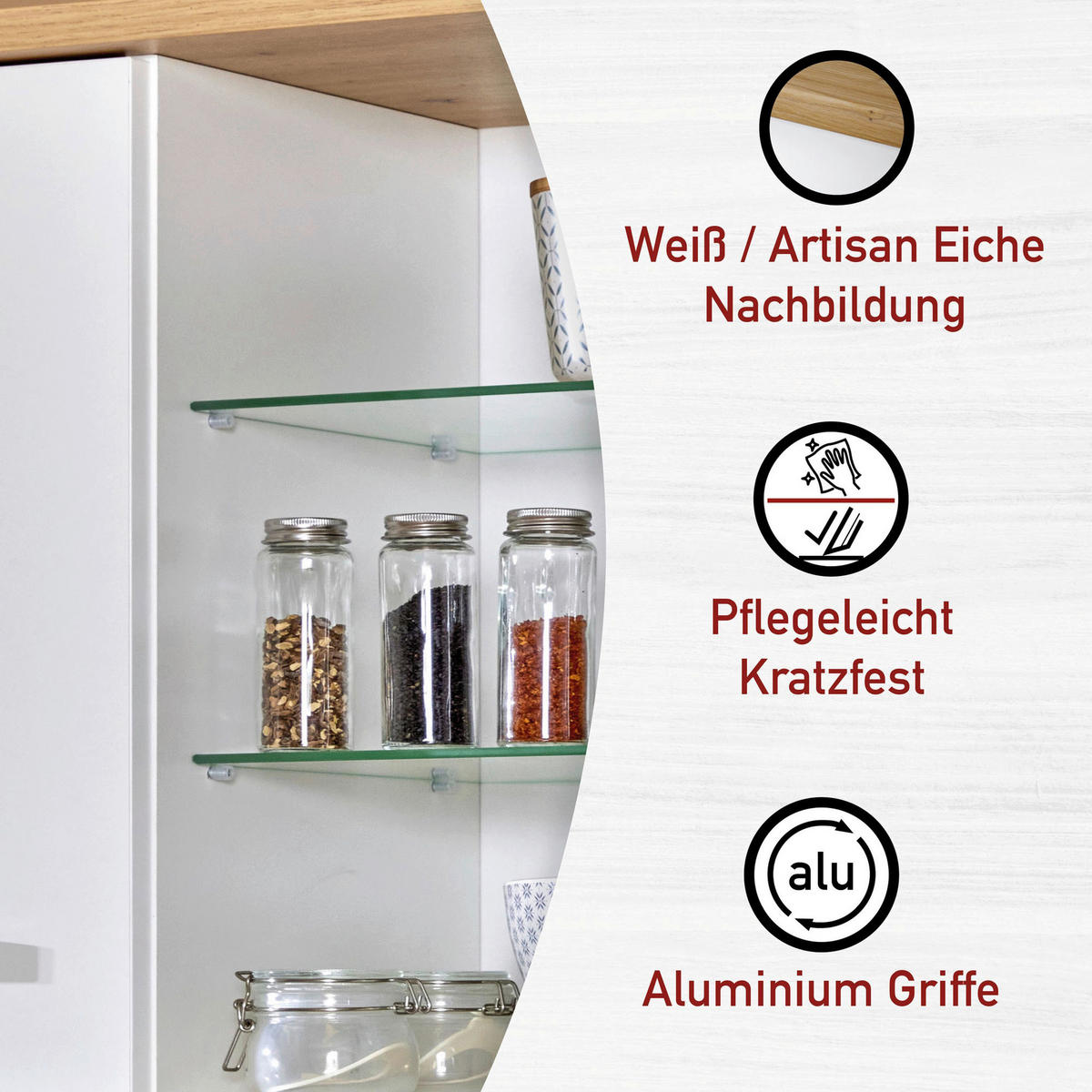 KÜCHENLEERBLOCK   in Weiß, Eiche Artisan  - Silberfarben/Weiß, MODERN, Glas/Holzwerkstoff (370/167/60cm) - home24