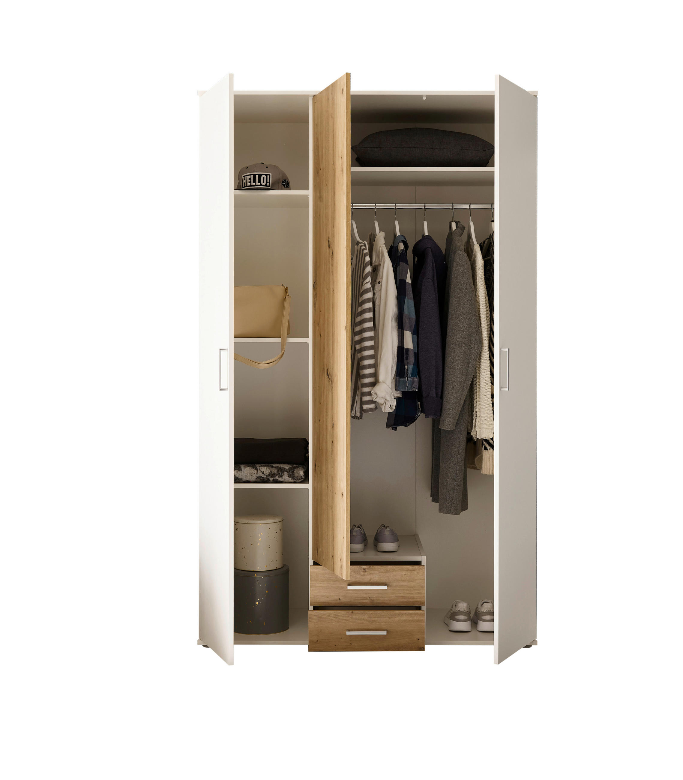 OMARA S KLASIČNIMI VRATI, bela, hrast artisan  - bela/barve aluminija, Moderno, umetna masa/leseni material (120/196,3/53,5cm) - Carryhome