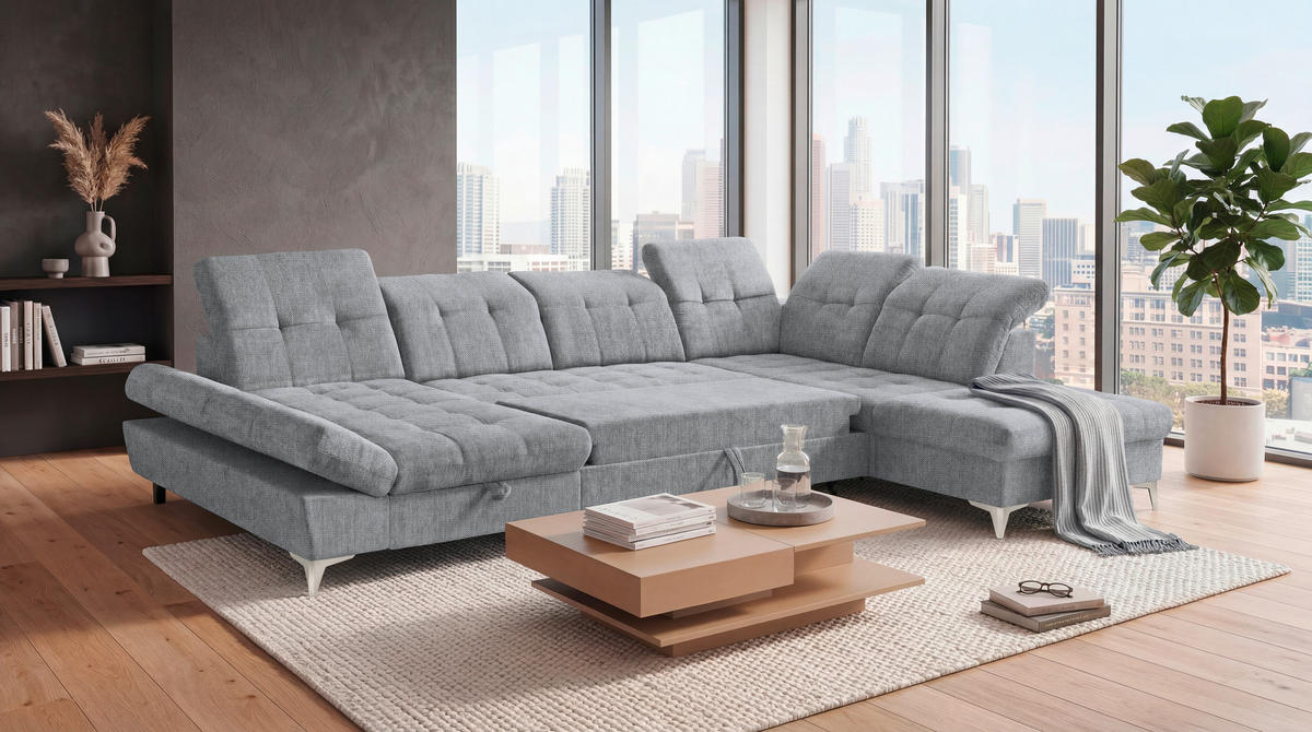 WOHNLANDSCHAFT Mikrovelours Hellgrau  - Kaschmir/Hellgrau, Modern, Kunststoff/Textil (169/348/245cm) - MID.YOU