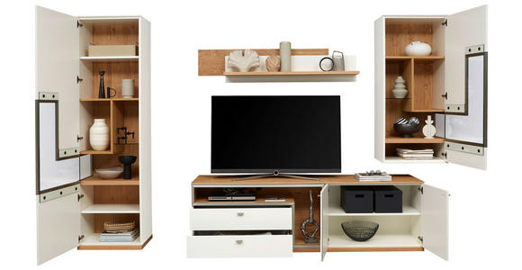 WOHNWAND  in Weiß, Eichefarben  290/218,3/52 cm  - Edelstahlfarben/Eichefarben, Design, Glas/Holz (290/218,3/52cm) - Dieter Knoll