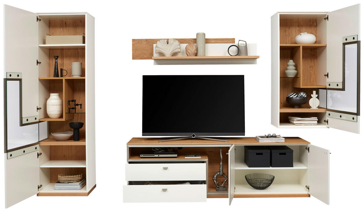 WOHNWAND  in Weiß, Eichefarben  290/218,3/52 cm  - Edelstahlfarben/Eichefarben, Design, Glas/Holz (290/218,3/52cm) - Dieter Knoll