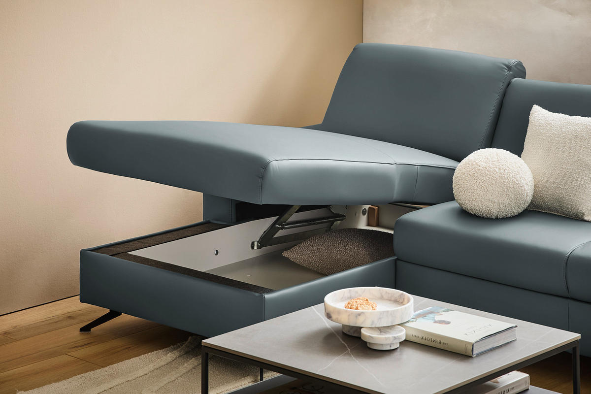 ECKSOFA in Echtleder Blaugrau  165/267 cm  - Blaugrau/Schwarz, Design, Leder/Metall (165/267cm) - Lomoco