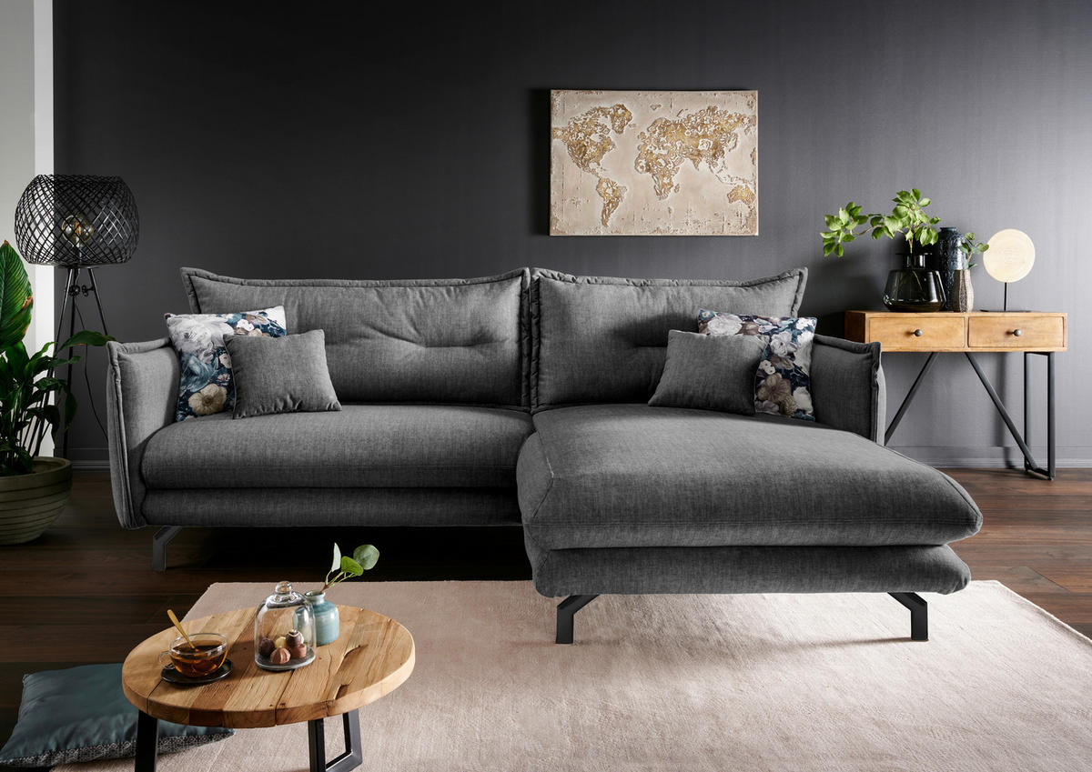 ECKSOFA in Velours Grau  - Türkis/Schwarz, Modern, Textil/Metall (255/180cm) - Livetastic