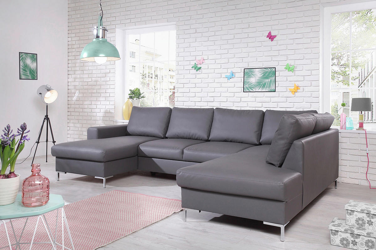 WOHNLANDSCHAFT Grau Lederlook  - Silberfarben/Schwarz, Design, Leder/Metall (148/303/197cm) - MID.YOU