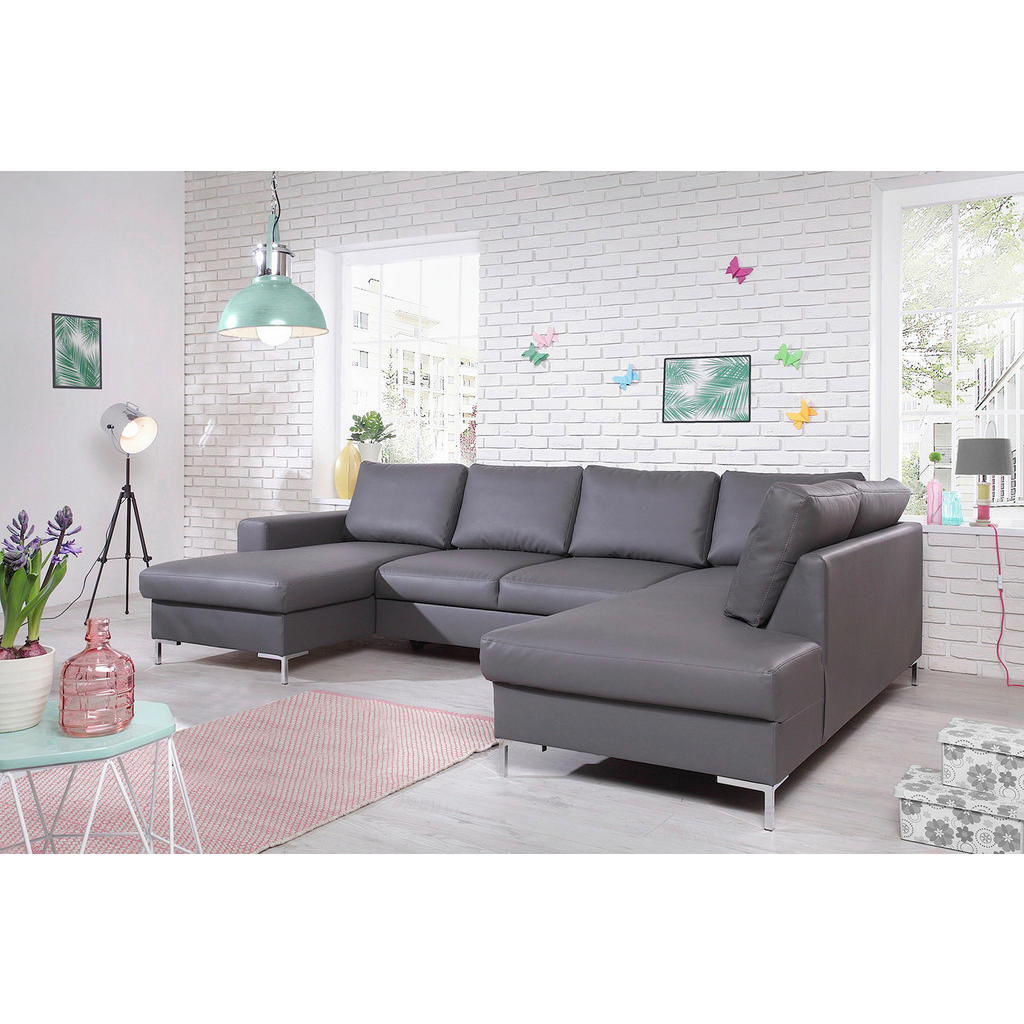 Thumbnail - Mid.you Wohnlandschaft, Grau, Leder, Lederlook, Uni, 8-Sitzer, Füllung: Schaumstoffflocken, U-Form, 303x197 cm, Made in ...
