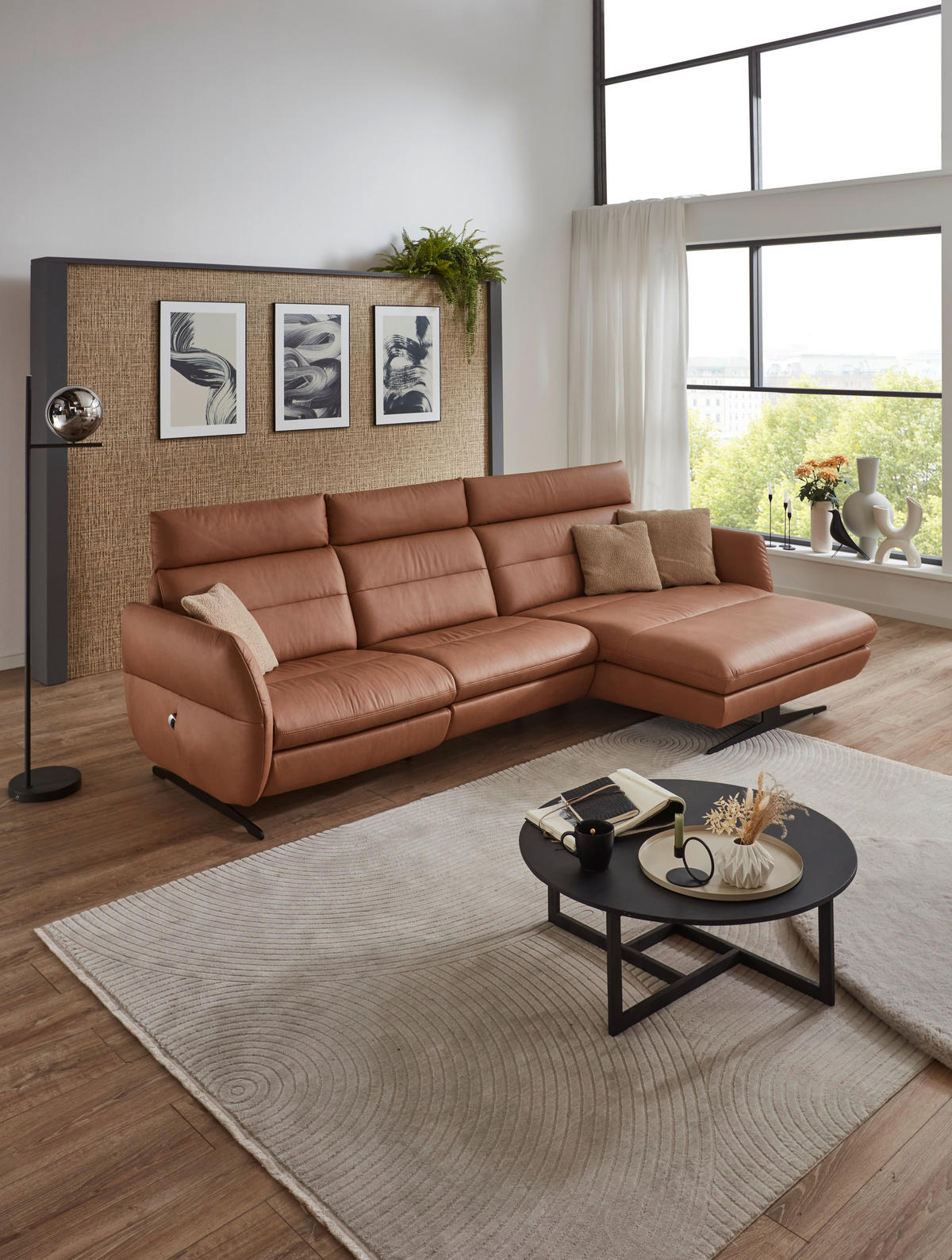 ECKSOFA in Echtleder Haselnussfarben  300/157 cm  - Schwarz/Haselnussfarben, Design, Leder/Metall (300/157cm) - Dieter Knoll