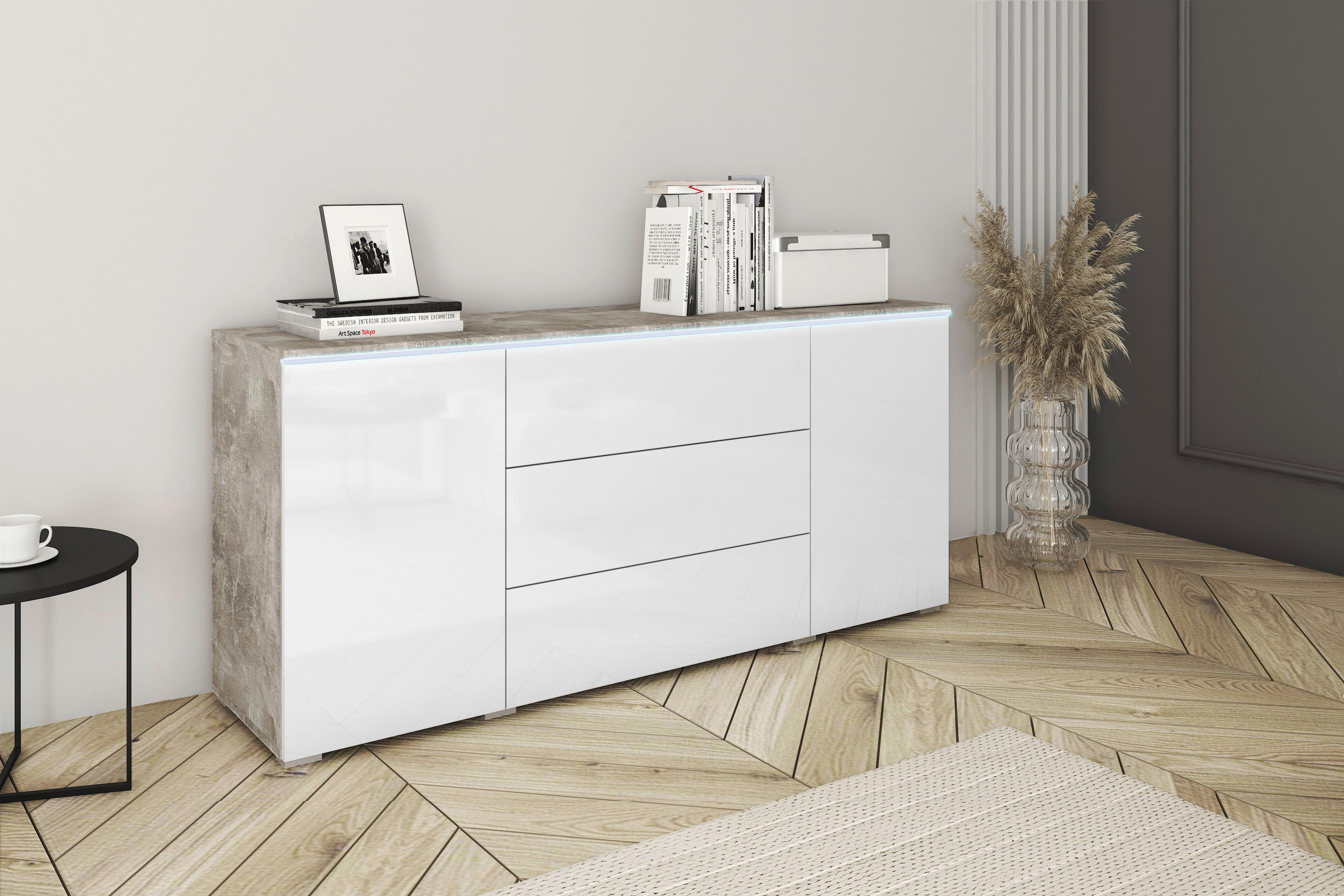Thumbnail - P & B Sideboard Vera, Grau, Weiß Hochglanz, Holzwerkstoff, Betonoptik, 2 Fächer, 3 Schublade(n) Schubladen, 150x67.9x39....