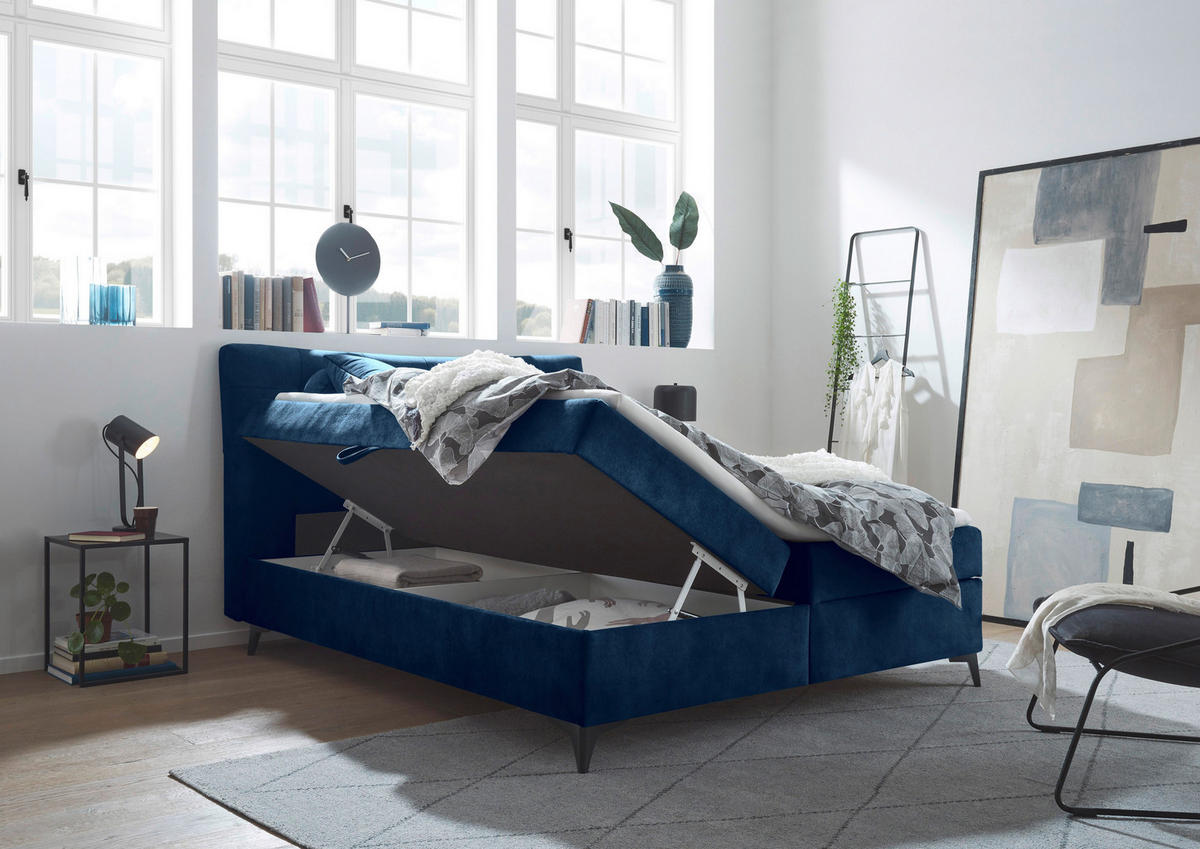 BOXBETT 180/200 cm,  in Blau, gepolstertes Kopfteil, Bettkasten, Topper,  - Blau/Schwarz, MODERN, Holzwerkstoff/Kunststoff (180/200cm) - MID.YOU
