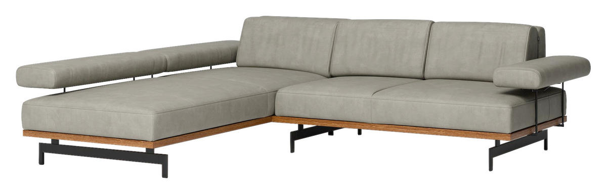 ECKSOFA in Echtleder Nussbaumfarben, Hellgrau  - Anthrazit/Nussbaumfarben, Design, Leder/Holz (237/295cm) - Joop!