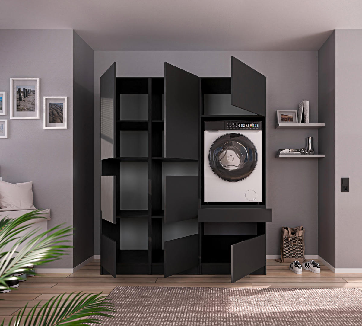 WASCHMASCHINENSCHRANK 68/200/68 cm  in Anthrazit  - Anthrazit/Schwarz, Design, Holzwerkstoff/Metall (68/200/68cm) - Milino