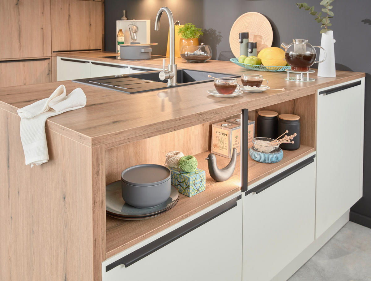 EINBAUKÜCHE DK309  - Eichefarben/Weiß, Design, Holzwerkstoff - Dieter Knoll