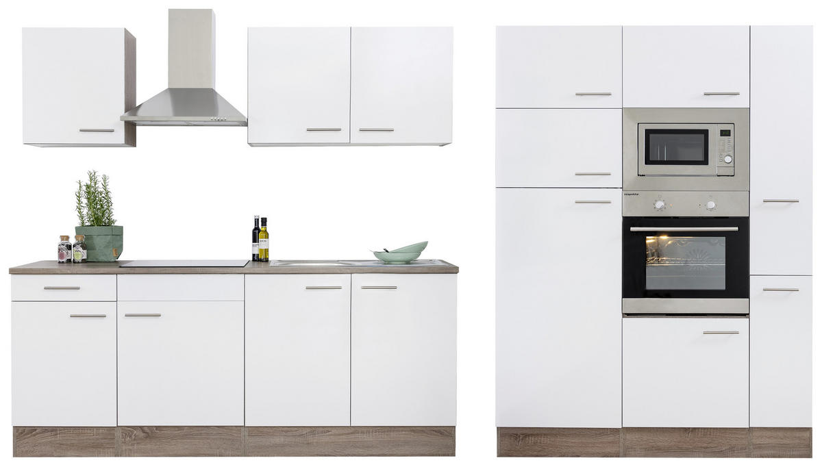 KÜCHENBLOCK 360 cm   in Weiss, Eichefarben  - Weiss/Edelstahlfarben, Design, Holzwerkstoff/Metall (360cm) - Respekta