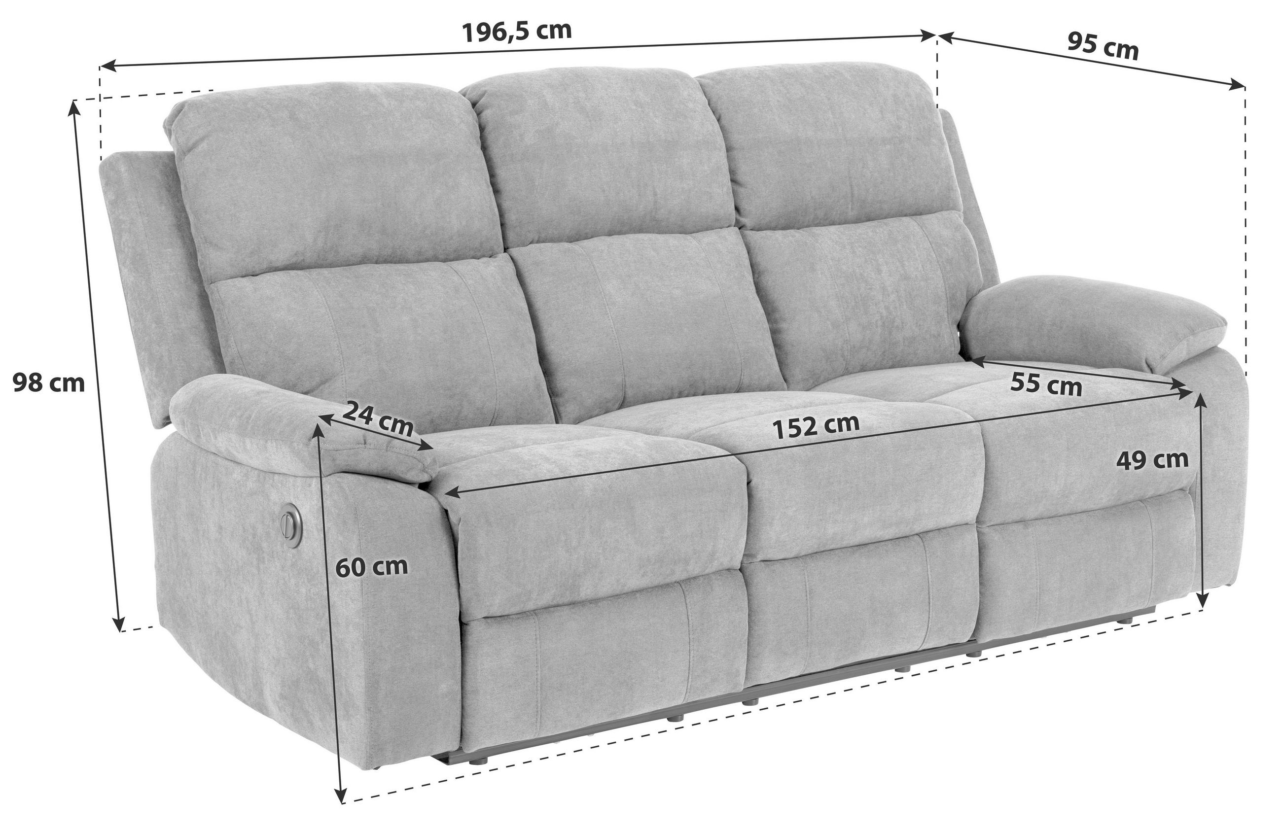 Thumbnail - Carryhome 3-Sitzer-Sofa, Dunkelgrau, Textil, 196.5x98x95 cm, Typenauswahl, Relaxfunktion, Rücken echt, elektrischer Sitz...