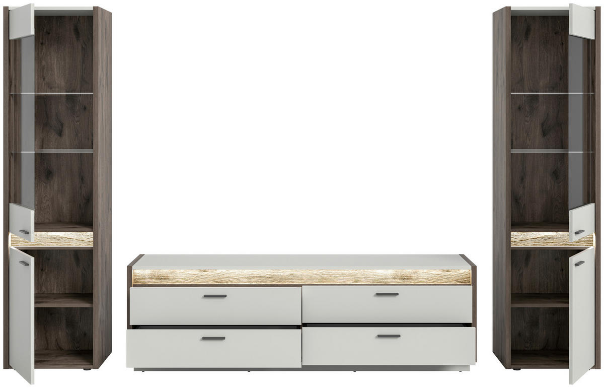 WOHNWAND 3-teilig  in Hellgrau  319/198/43 cm  - Hellgrau, Design, Glas/Holzwerkstoff (319/198/43cm) - MID.YOU