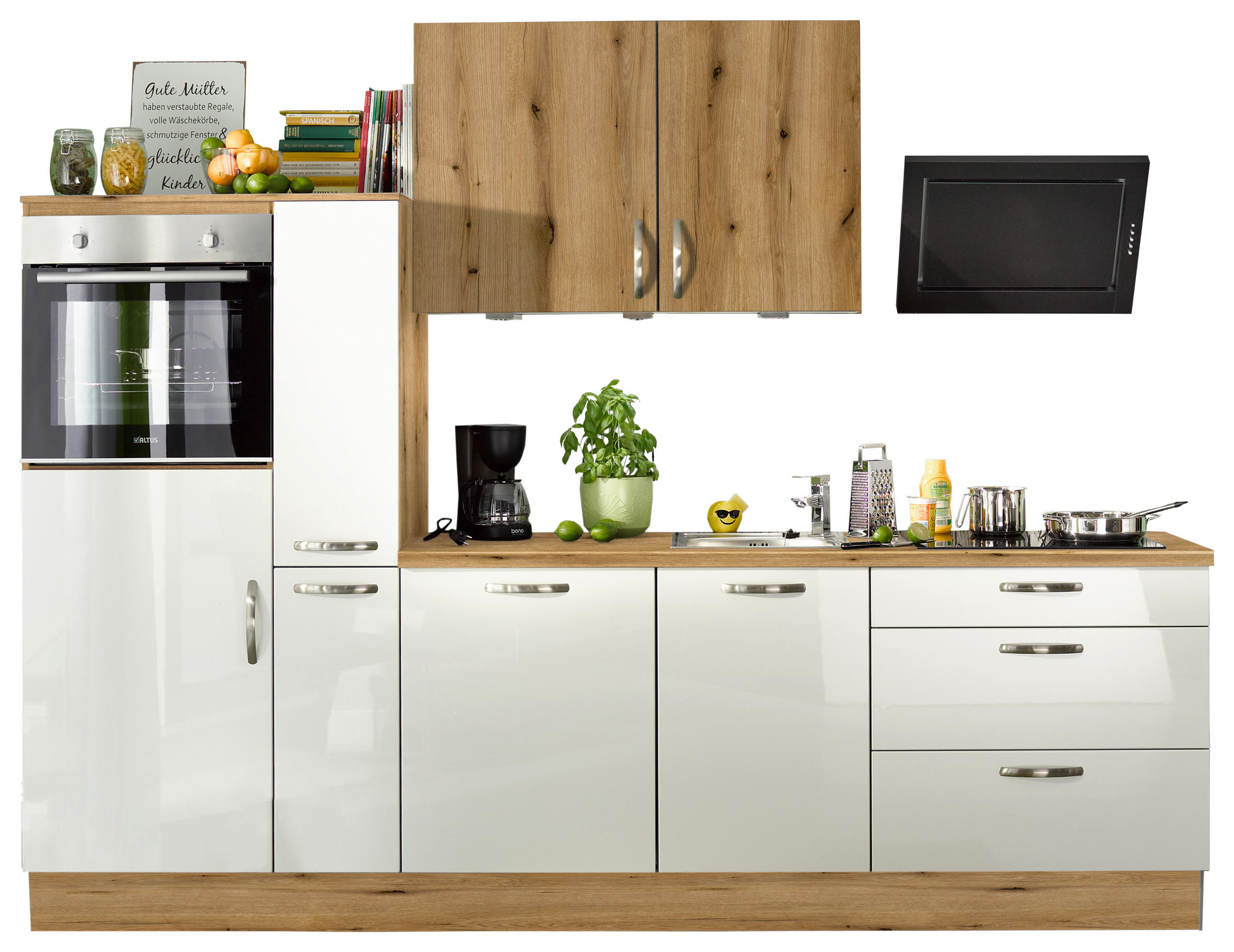 KÜCHENBLOCK 280 cm   in Eichefarben, Weiß Hochglanz  - Edelstahlfarben/Eichefarben, MODERN, Holzwerkstoff/Metall (280cm) - Xora