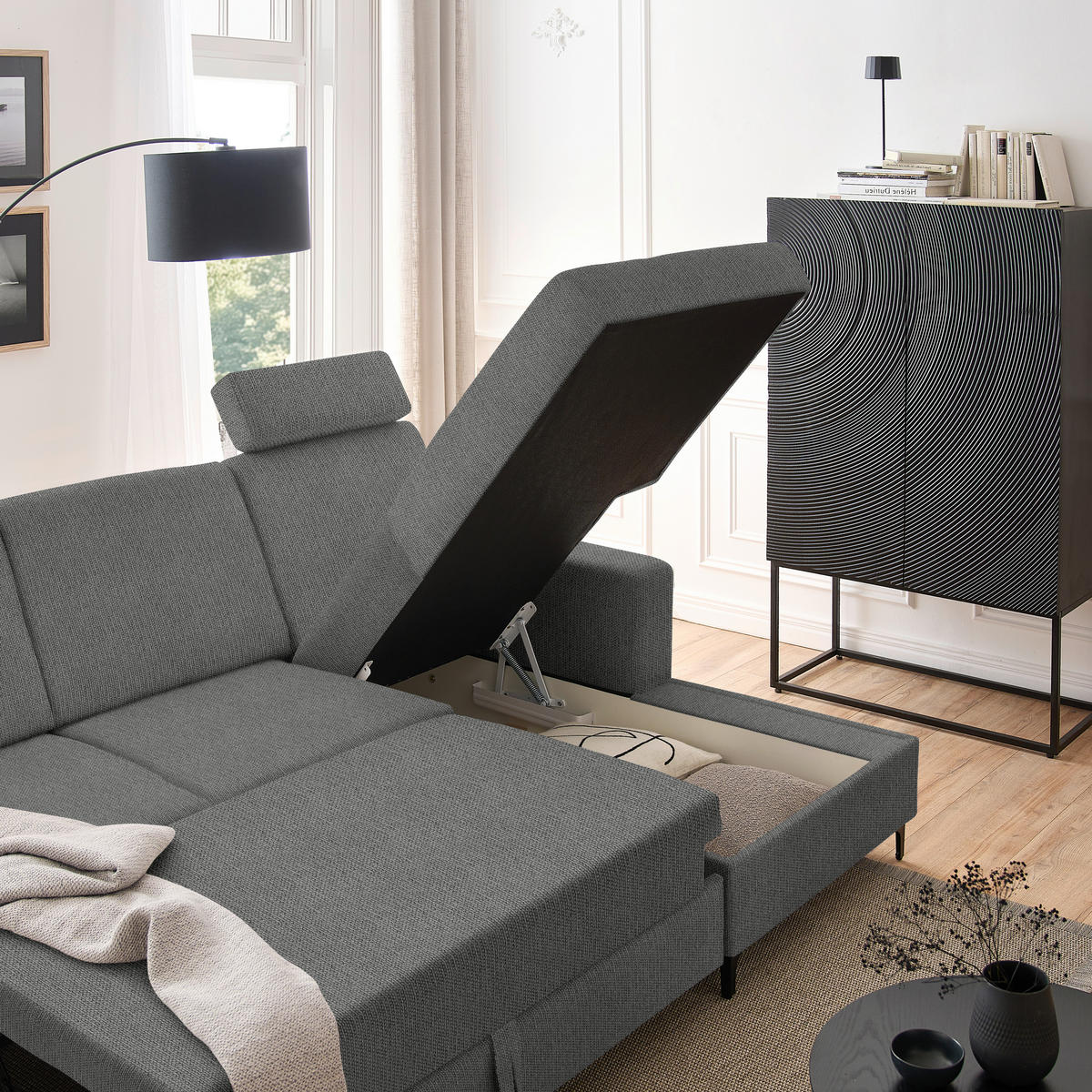 ECKSOFA in Webstoff Braun  - Schwarz/Braun, Konventionell, Textil/Metall (247/167cm) - Stylife