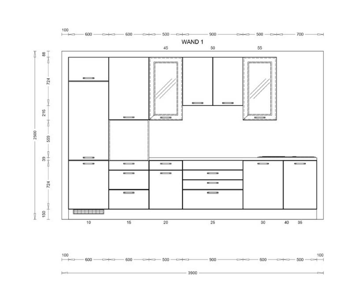 KÜCHENLEERBLOCK 370 cm   in Eichefarben, Mokka  - Edelstahlfarben/Eichefarben, KONVENTIONELL, Holzwerkstoff/Metall (370cm) - Burger