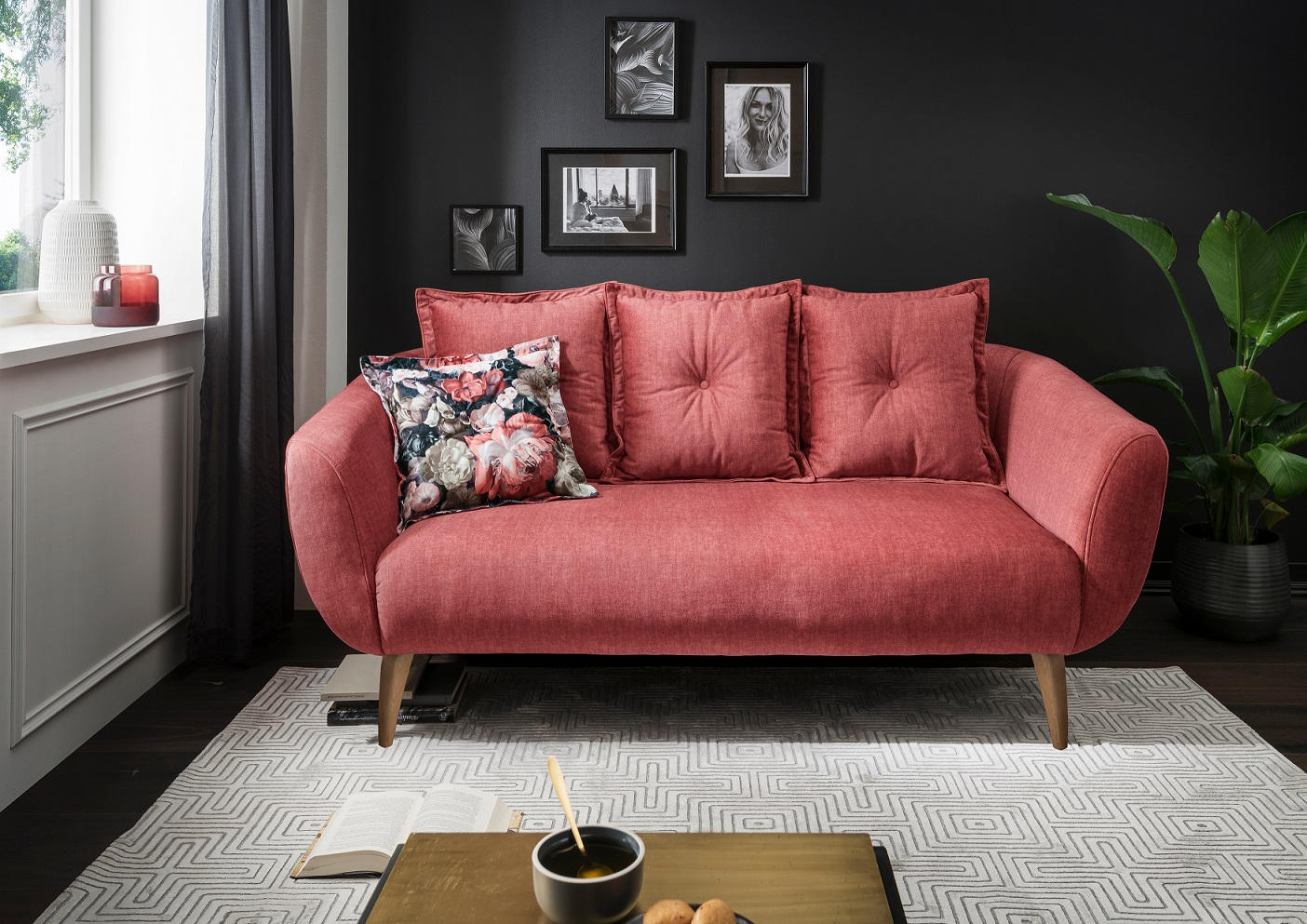 2,5-SITZER Velours Koralle  - Koralle/Buchefarben, MODERN, Holz/Textil (196/80-94/103cm) - Livetastic