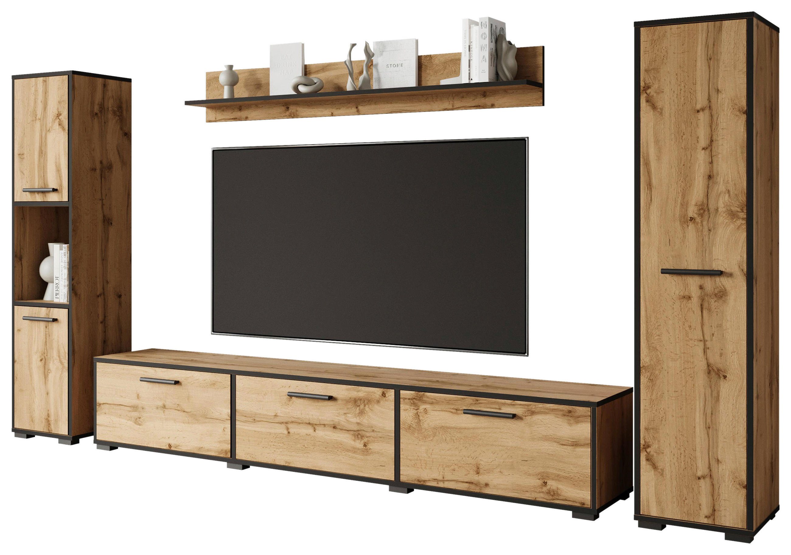 HYLLKOMBINATION 4 delar  i ek Wotan  240/130/31 cm  - ek Wotan/svart, Basics, trämaterial/plast (240/130/31cm) - MID.YOU
