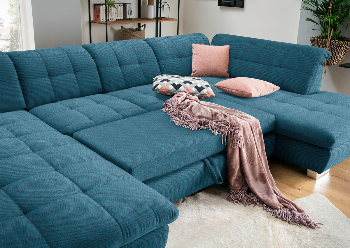 WOHNLANDSCHAFT in Mikrofaser Blau  - Chromfarben/Blau, Design, Kunststoff/Textil (204/350/211cm) - Xora