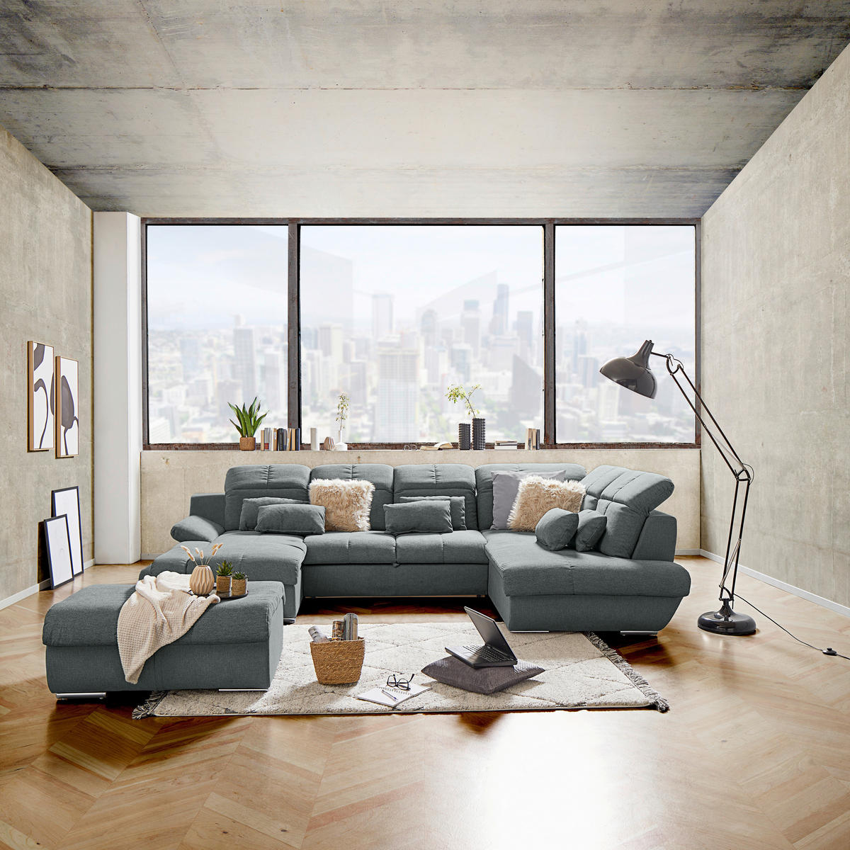 WOHNLANDSCHAFT Grau Mikrofaser  - Chromfarben/Dunkelgrau, MODERN, Textil/Metall (184/345/228cm) - MID.YOU