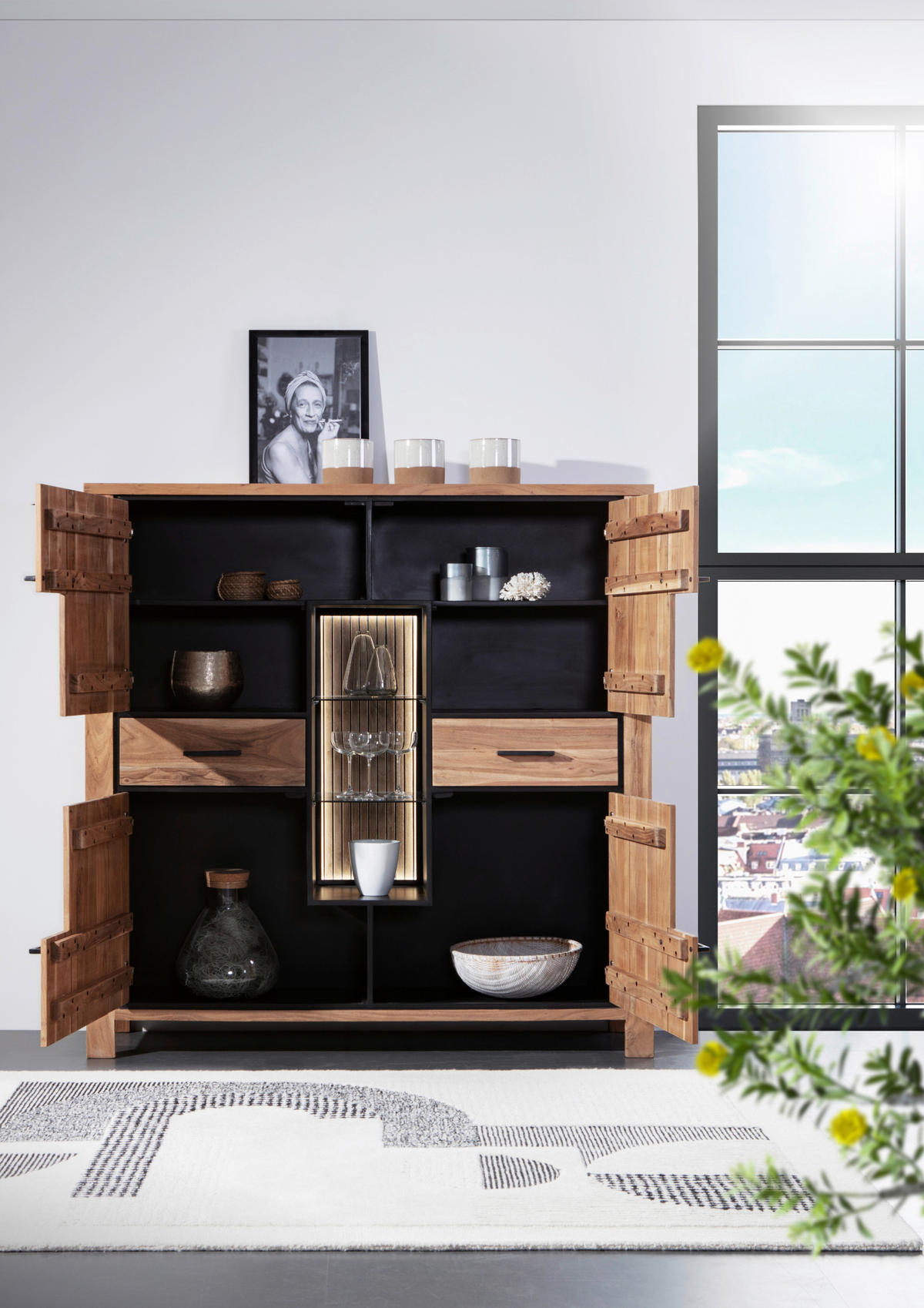 HIGHBOARD  in 150/150/44 cm  - Schwarz/Akaziefarben, LIFESTYLE, Glas/Holz (150/150/44cm) - Landscape