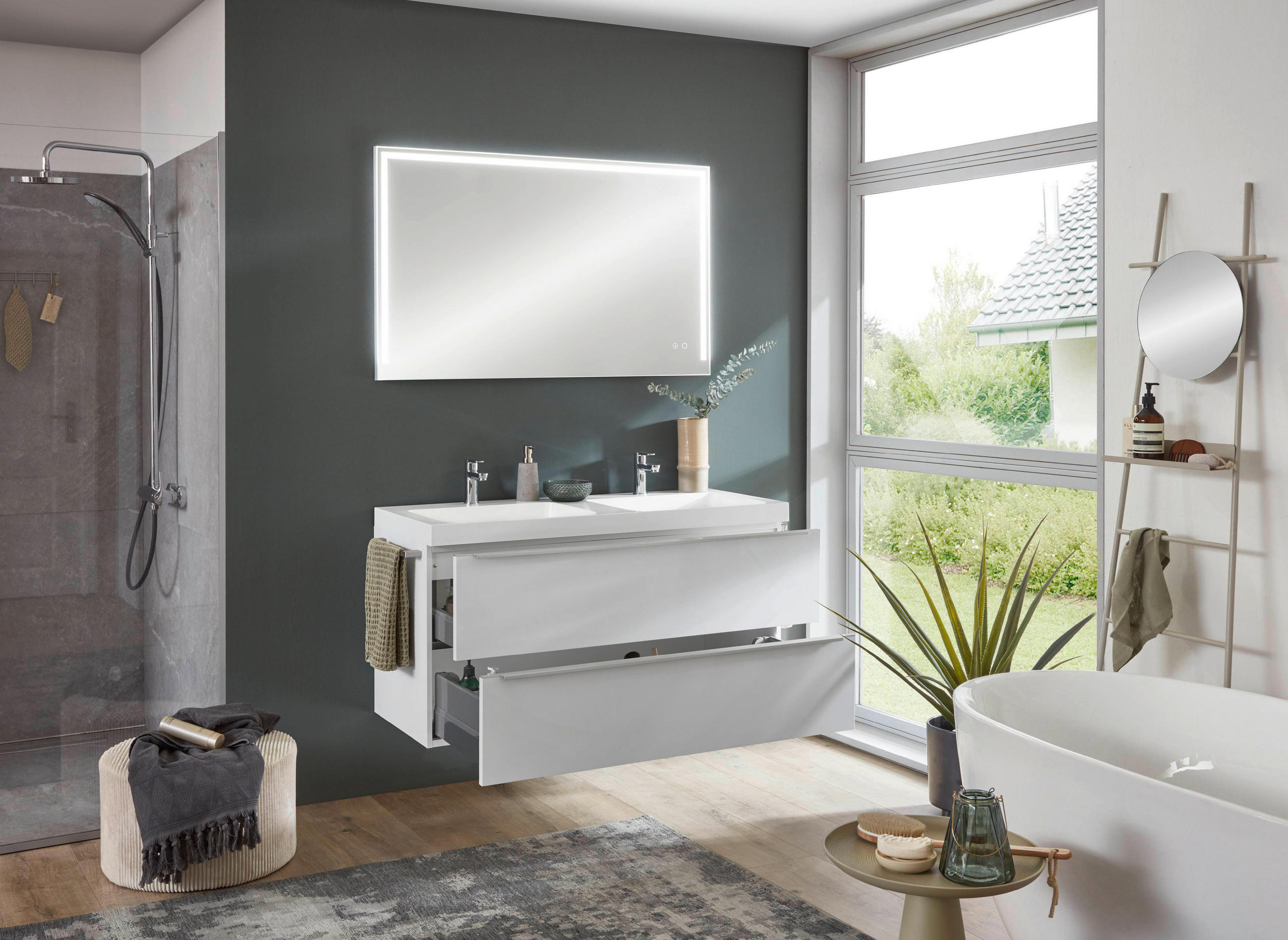 Thumbnail - Celina Home Waschtischkombi Nio, Weiß Hochglanz, Metall, 2 Schublade(n) Schubladen, 121 cm, hängend, Badezimmer, Waschbe...