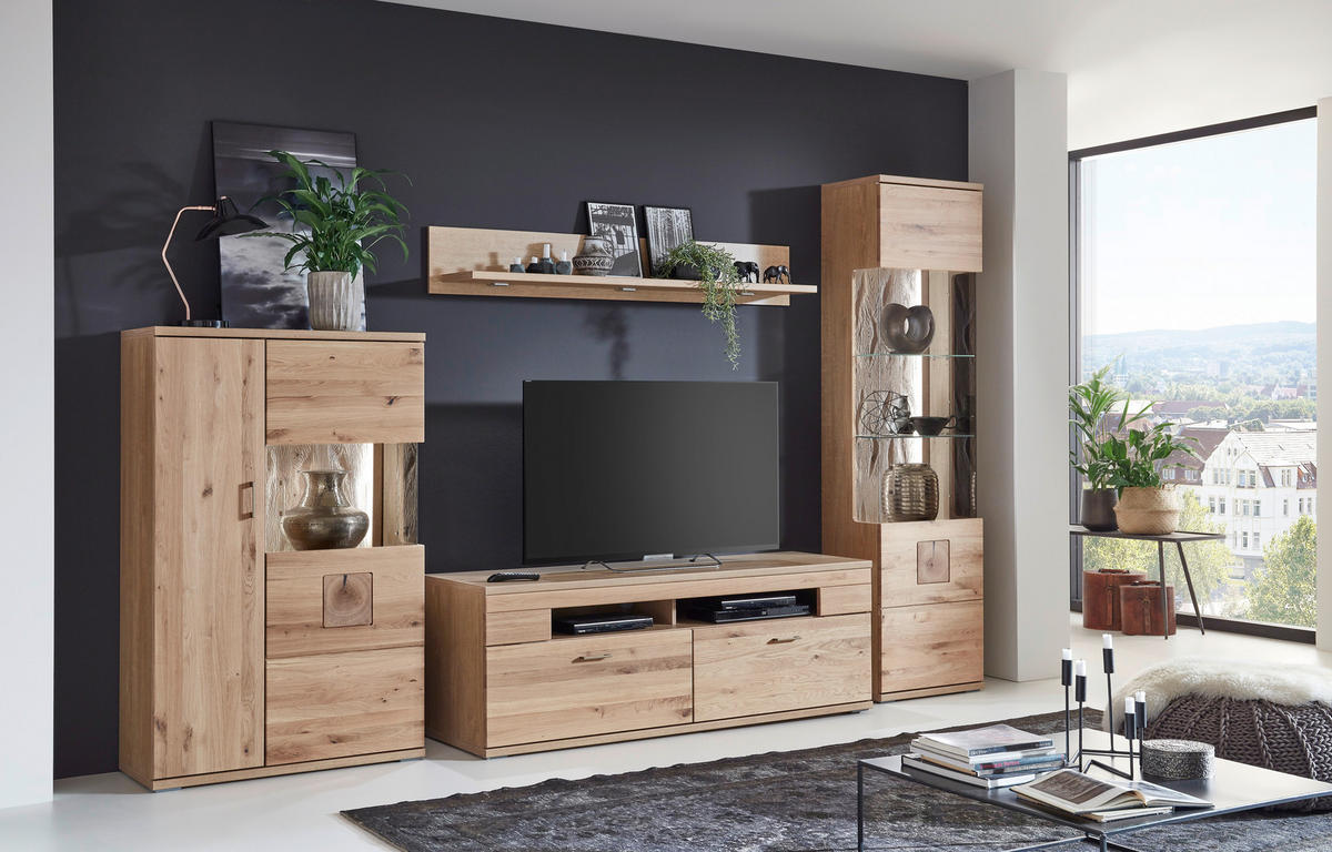 WOHNWAND  in Alteiche  330/208,3/50,2 cm  - Alteiche/Silberfarben, KONVENTIONELL, Glas/Holz (330/208,3/50,2cm) - Livetastic